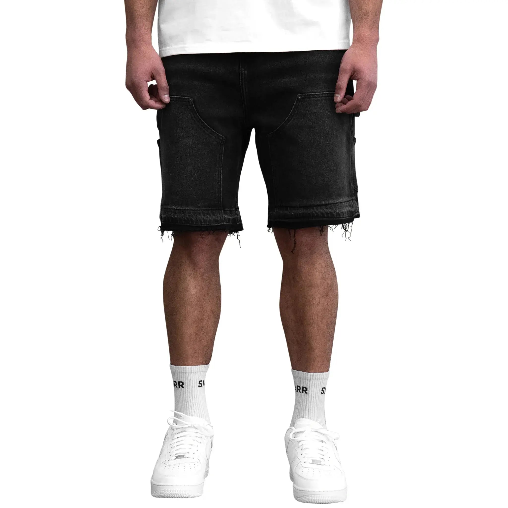 Model front view of SIARR Carpenter Shorts Black