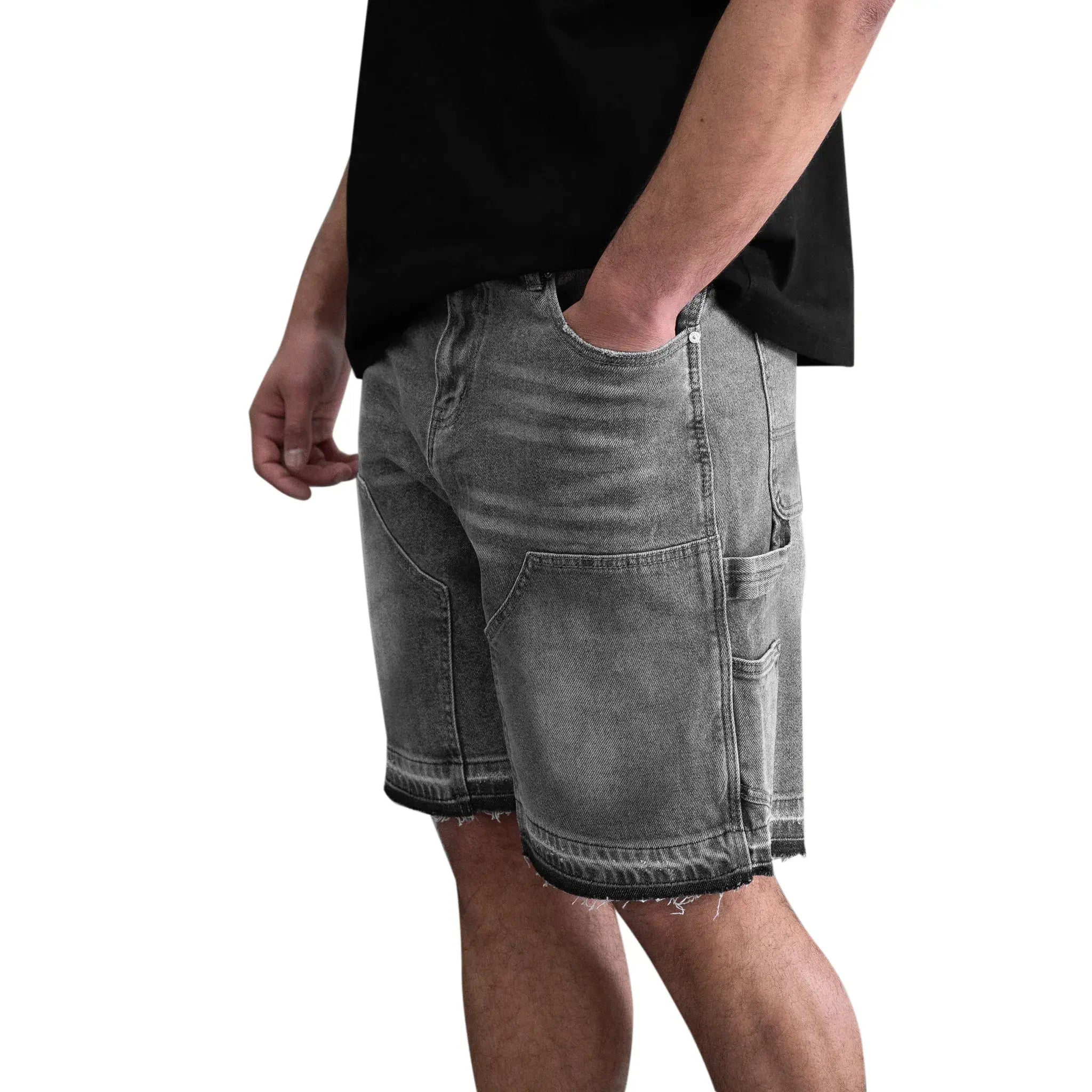 Model side view of SIARR Carpenter Shorts Dark Grey
