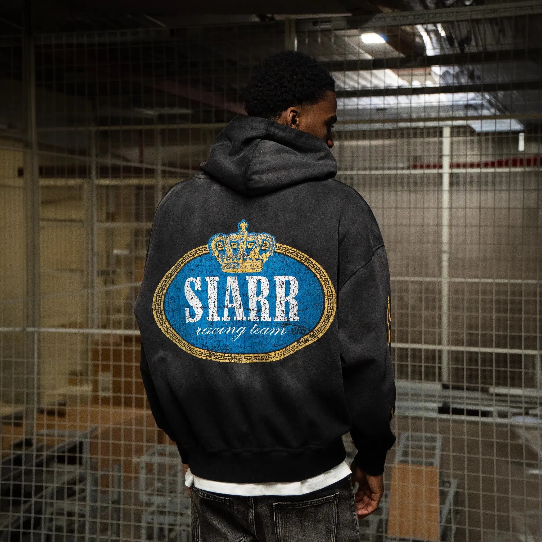 Back View of SIARR Crown Washed Black Hoodie