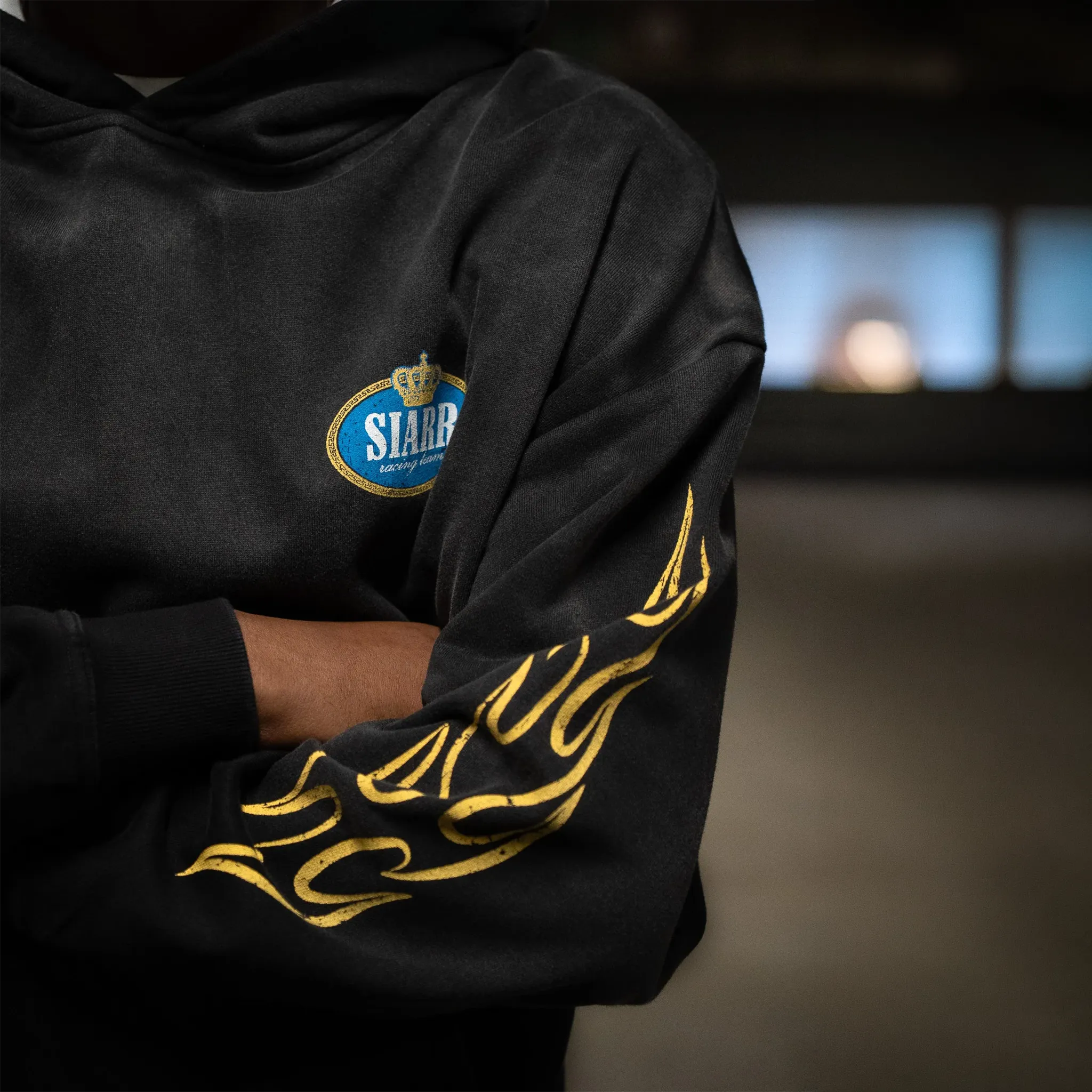 Detailed Front View of SIARR Crown Washed Black Hoodie
