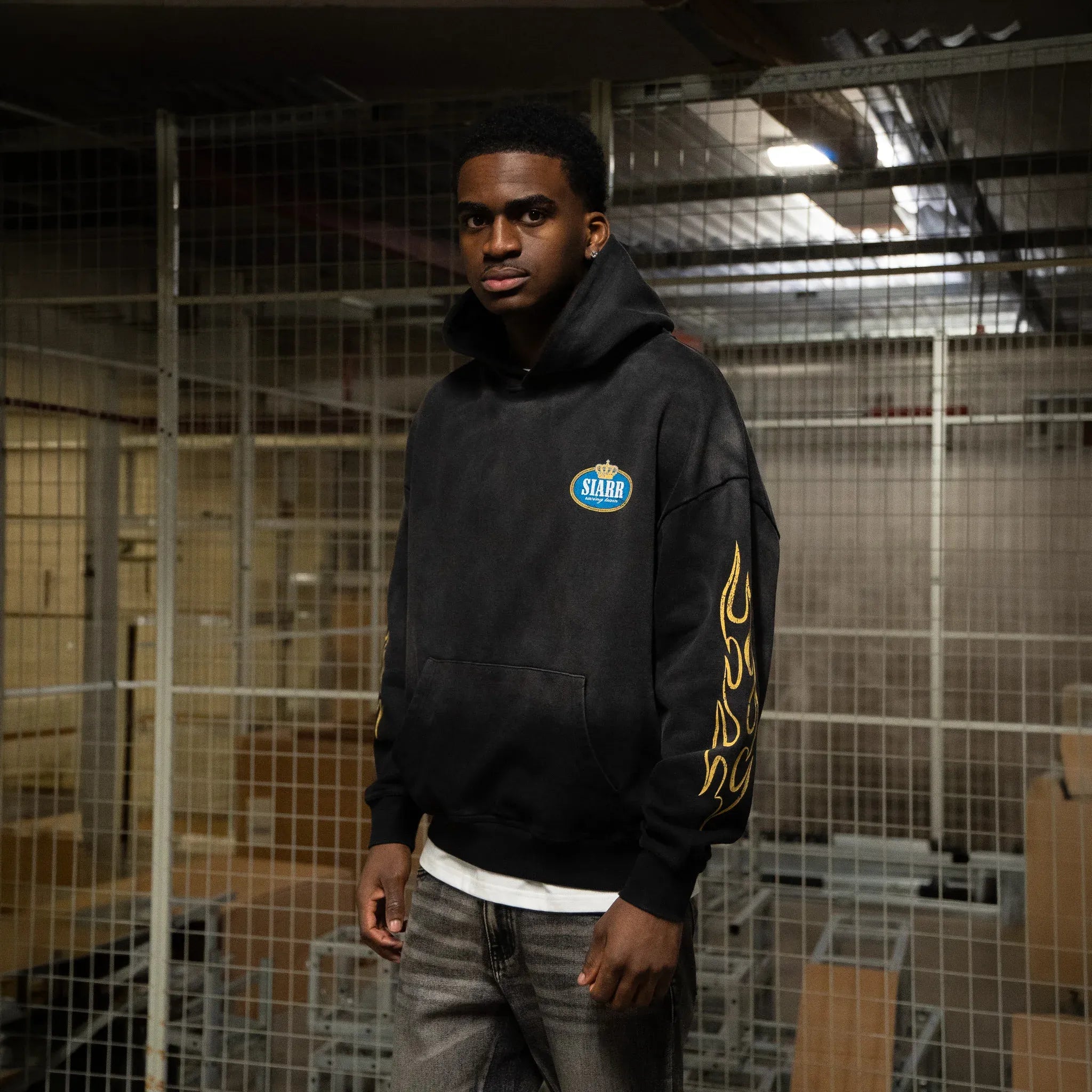 Front View of SIARR Crown Washed Black Hoodie