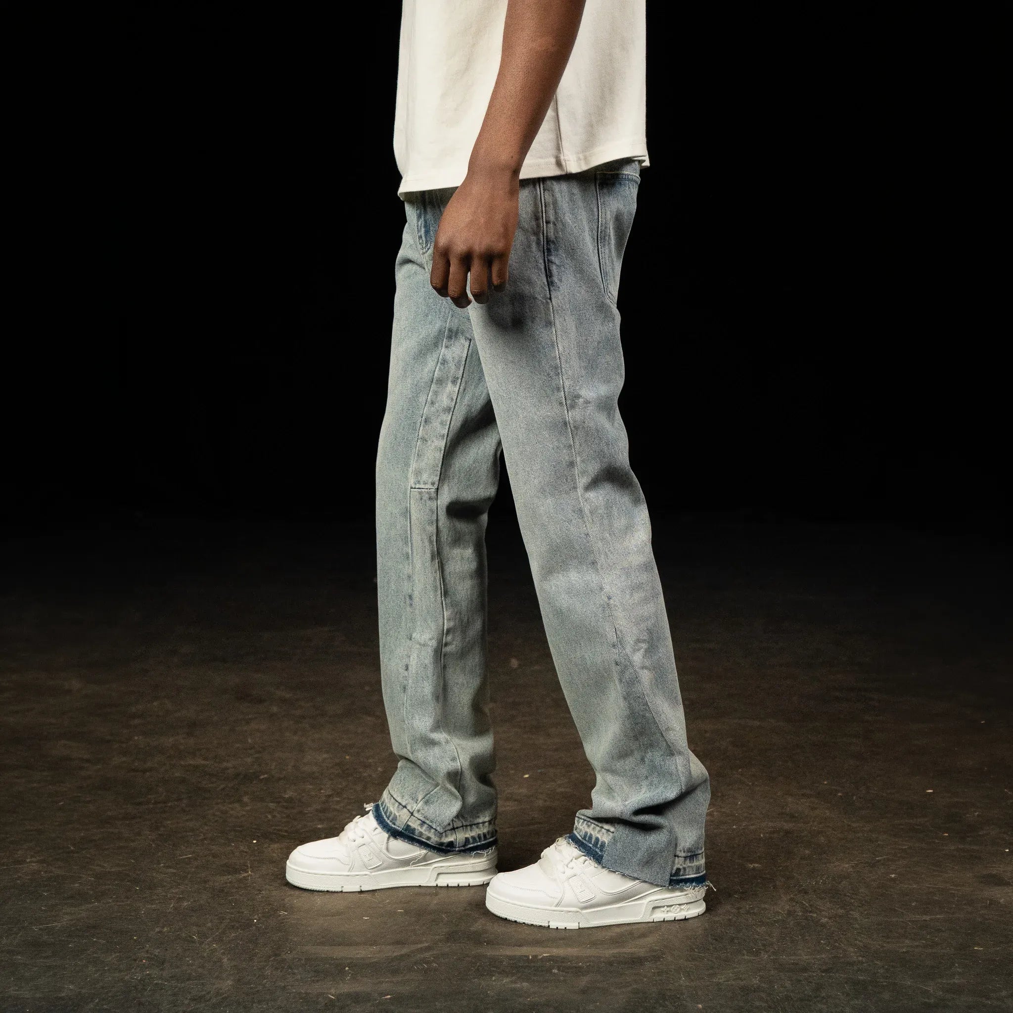 Side View of SIARR Flared Triple Blue Jeans