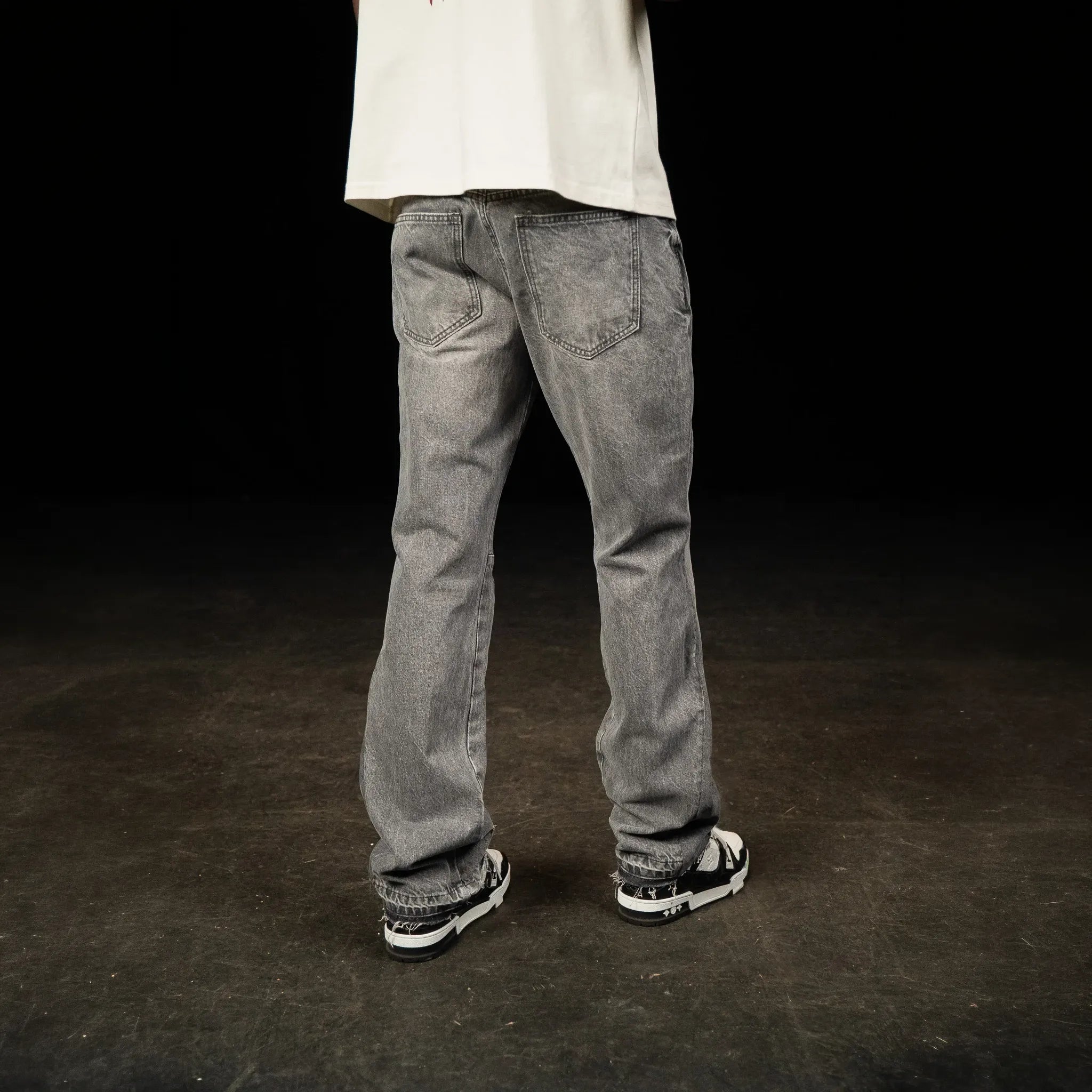 Back View of SIARR Flared Triple Grey Jeans