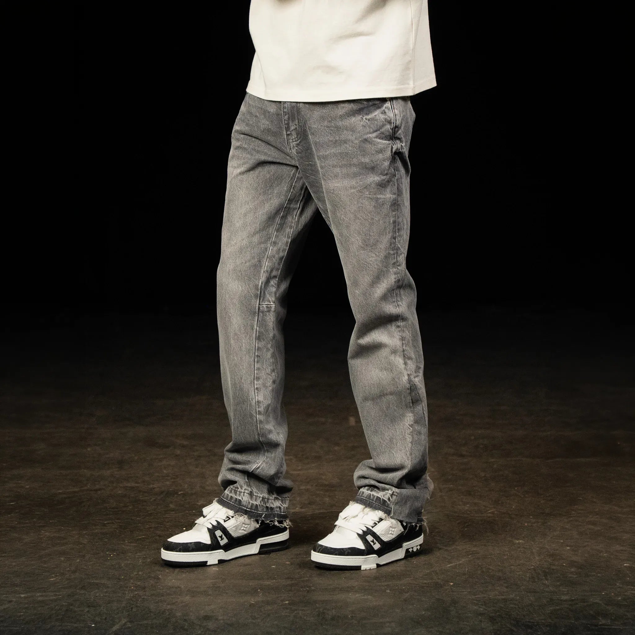 Front Side View of SIARR Flared Triple Grey Jeans