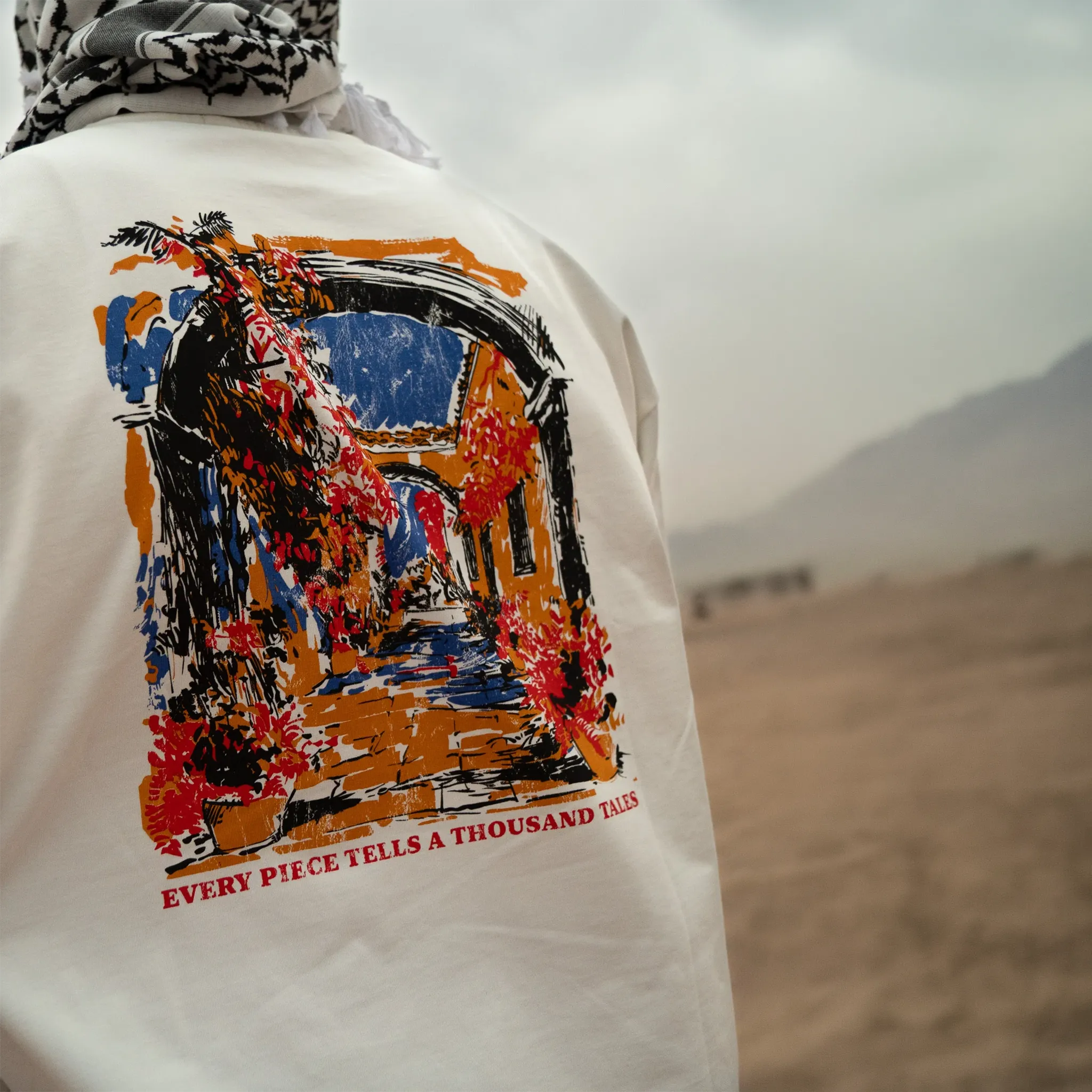 Model Back View of SIARR Floral L/S Off-White T-Shirt