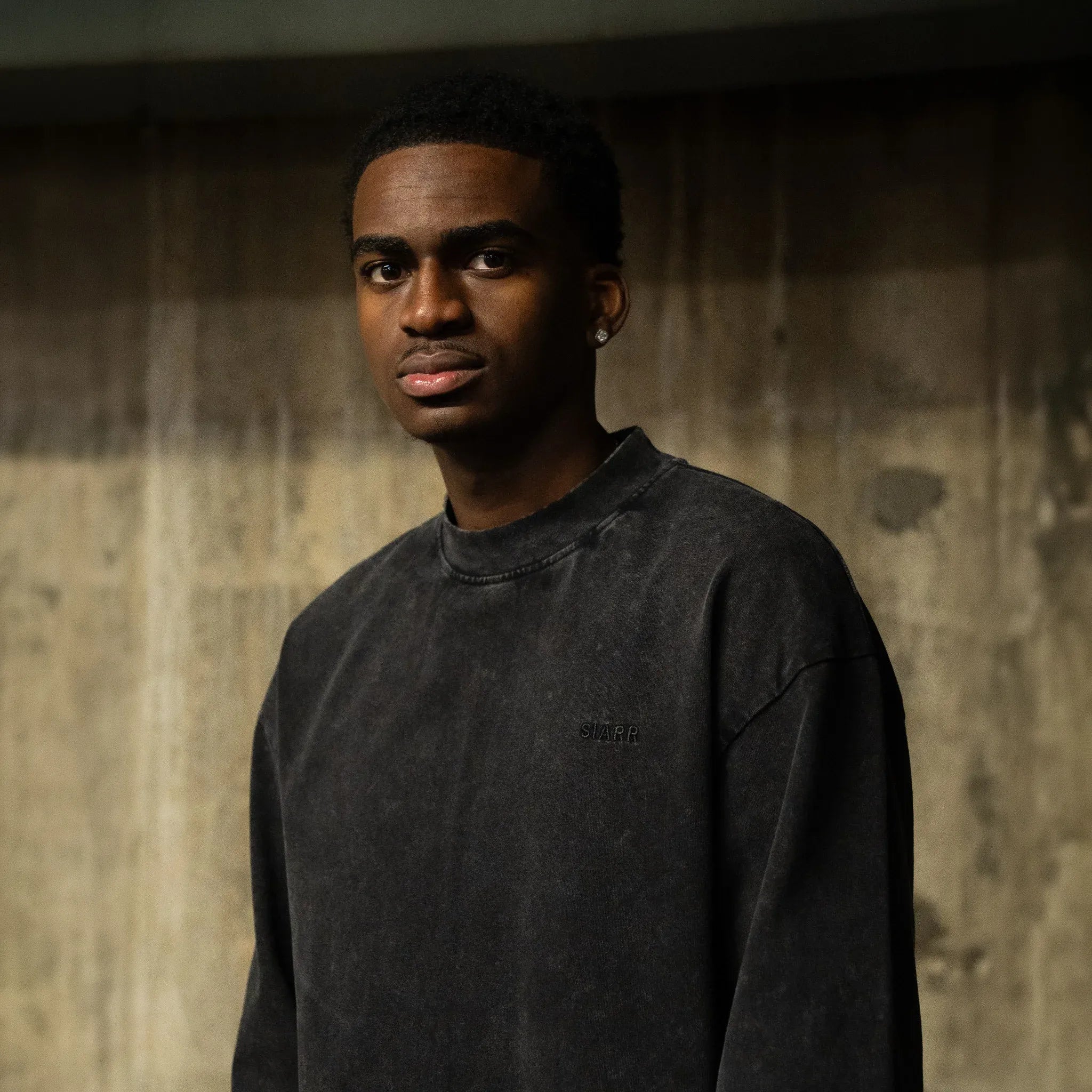 Front View of SIARR L/S Washed Black T-Shirt