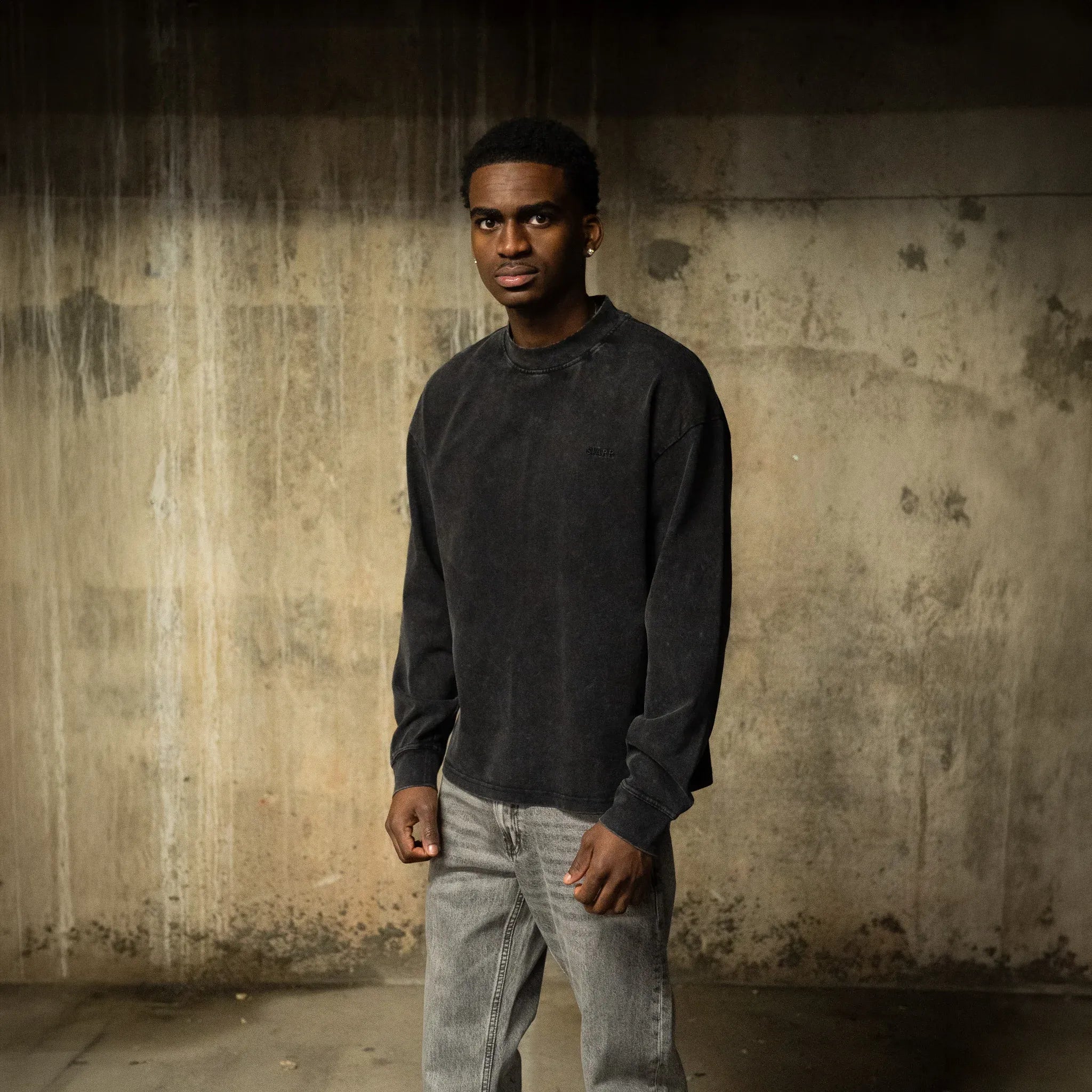 Front View of SIARR L/S Washed Black T-Shirt