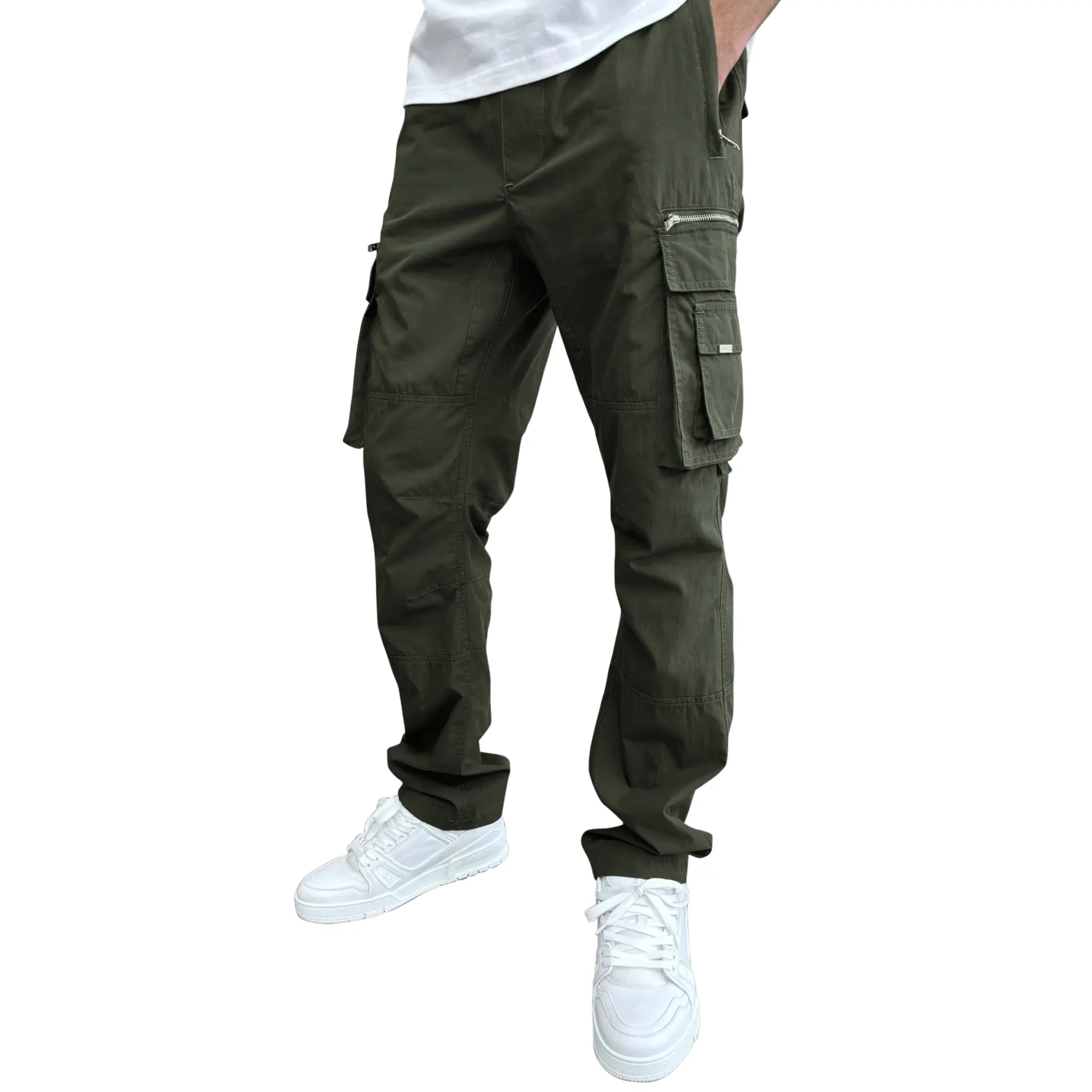 Model front view of SIARR Military Dark Green Cargo Pants