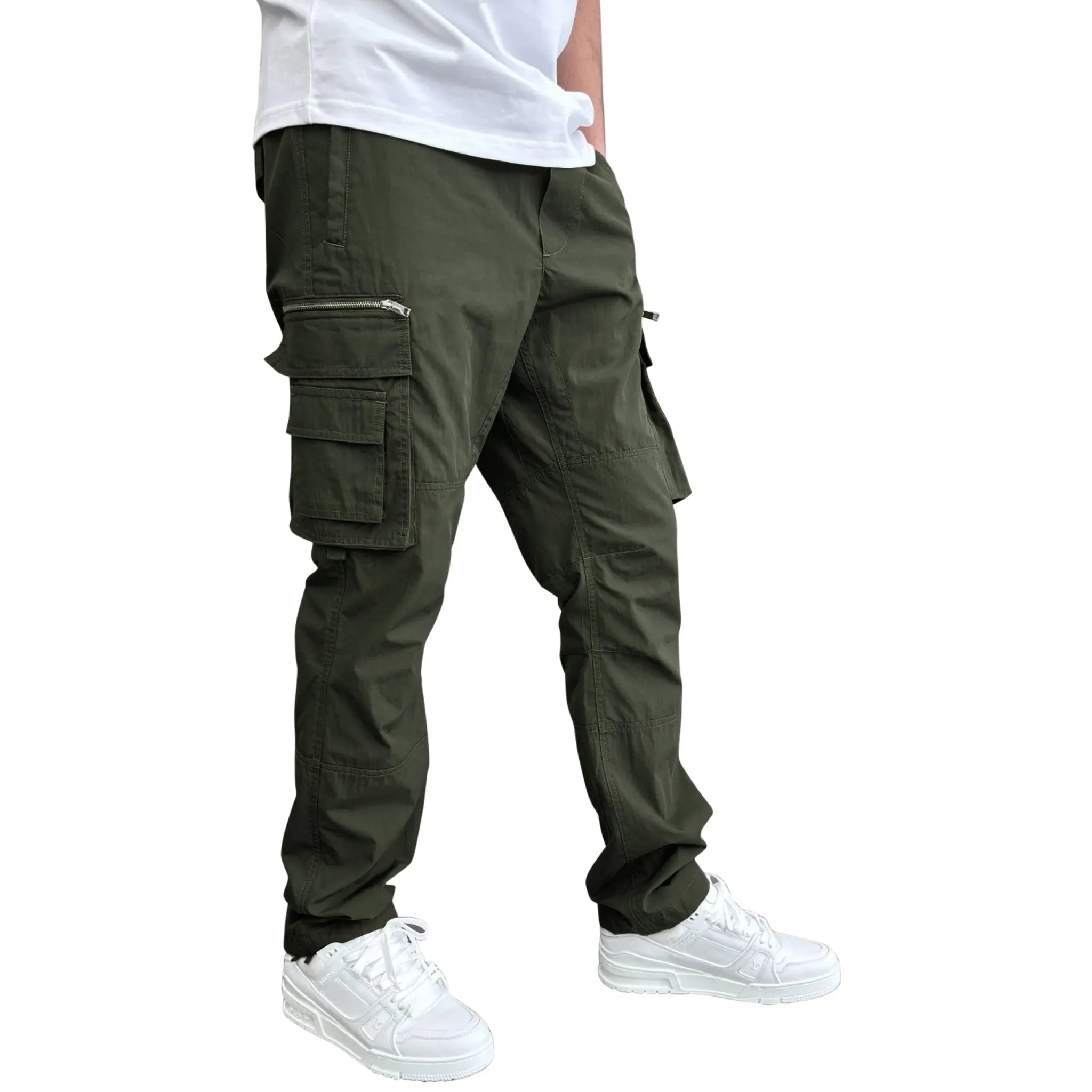 Model side view of SIARR Military Dark Green Cargo Pants