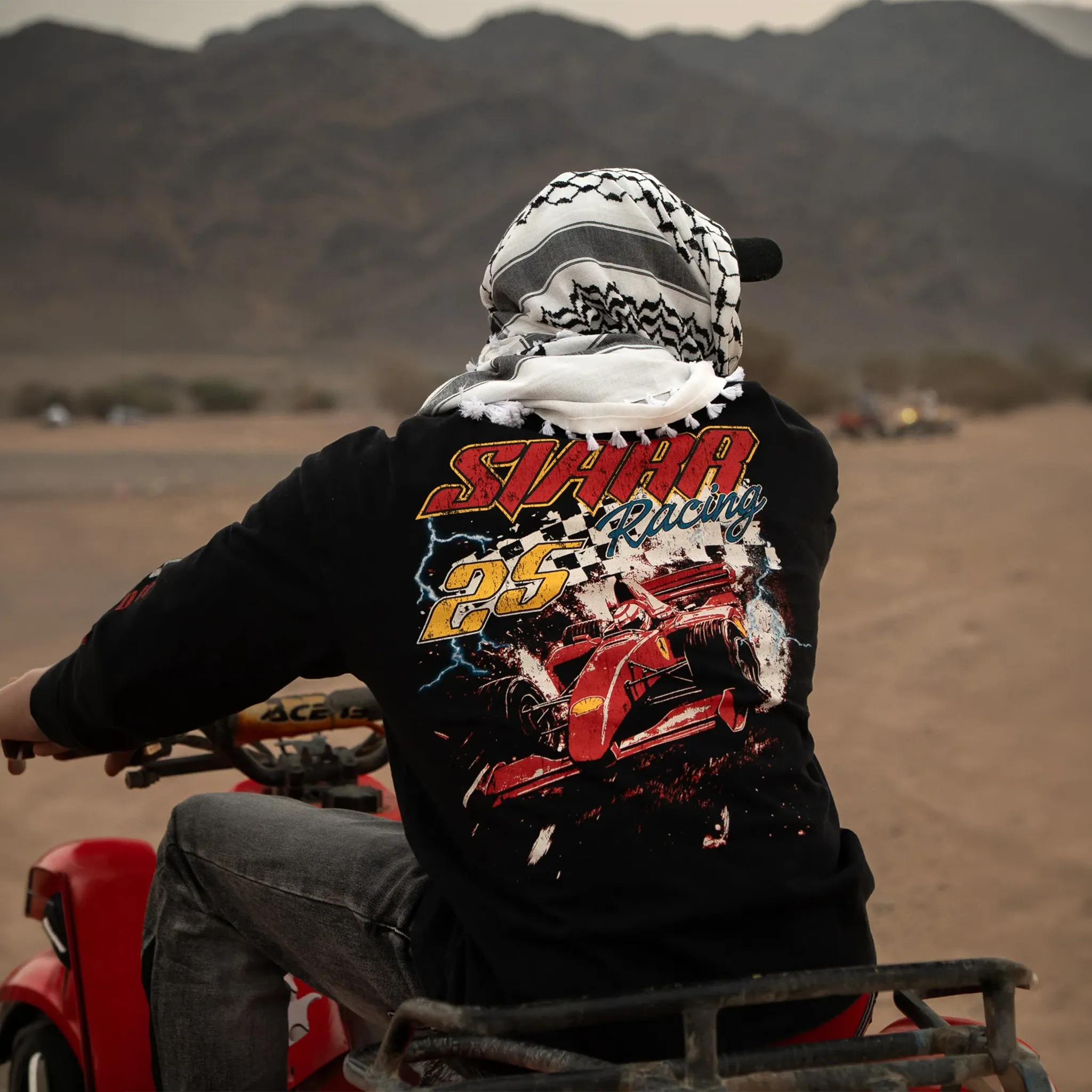 Model Back View of SIARR Motor Sport L/S Black T-Shirt