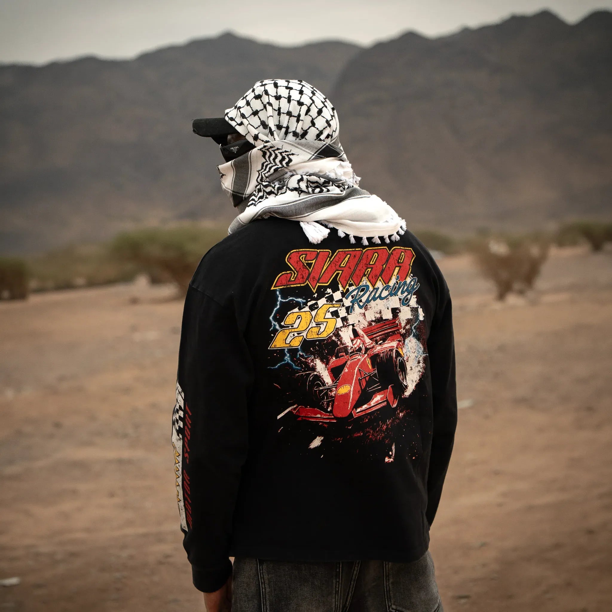 Model Back View of SIARR Motor Sport L/S Black T-Shirt