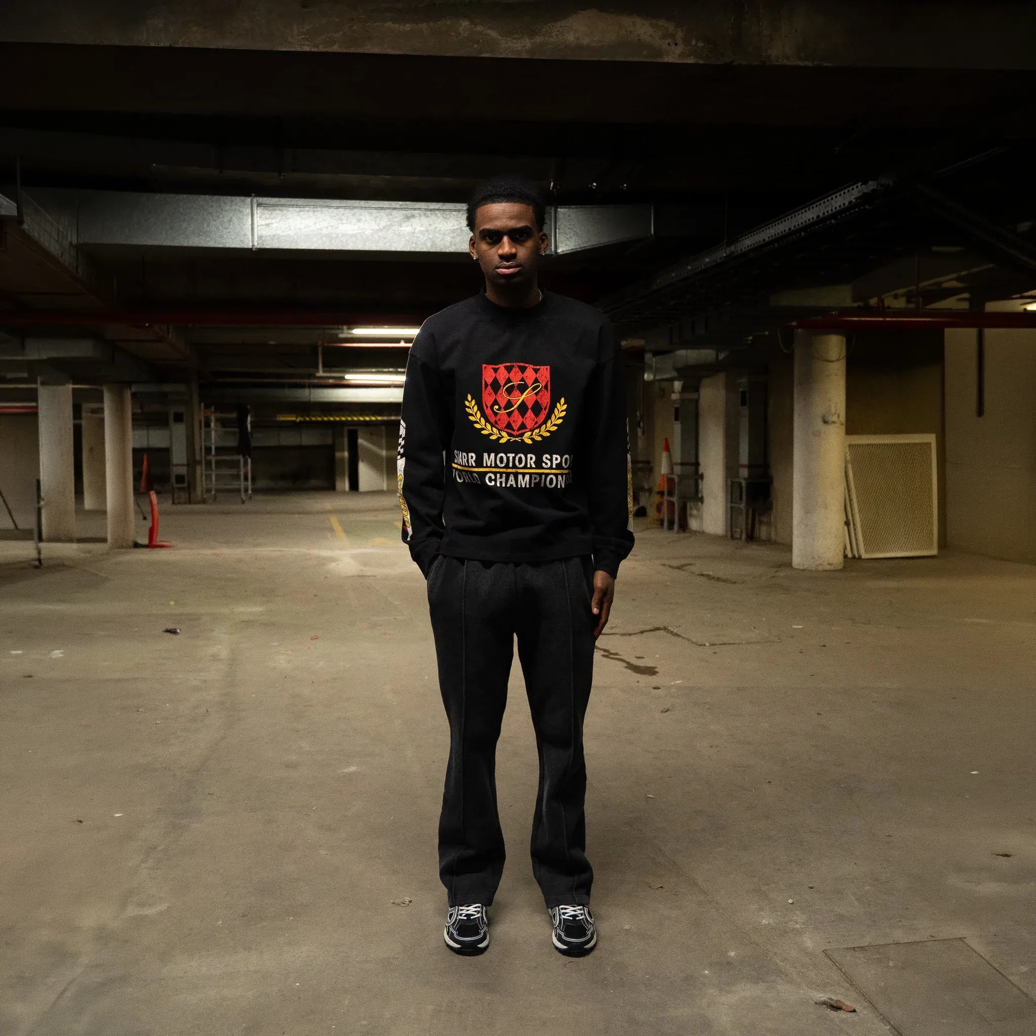 Model Front View of SIARR Motor Sport L/S Black T-Shirt