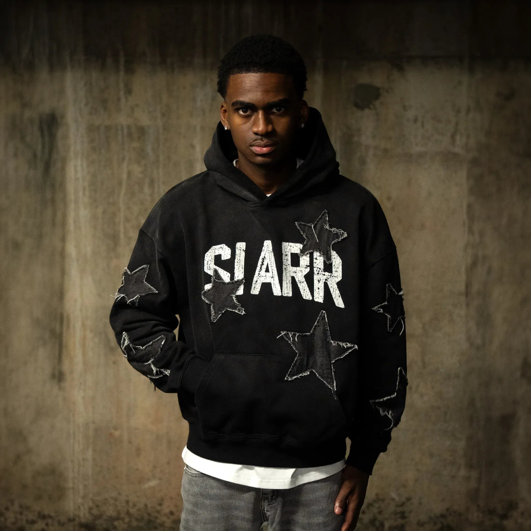 Front View of SIARR Star Washed Black Hoodie