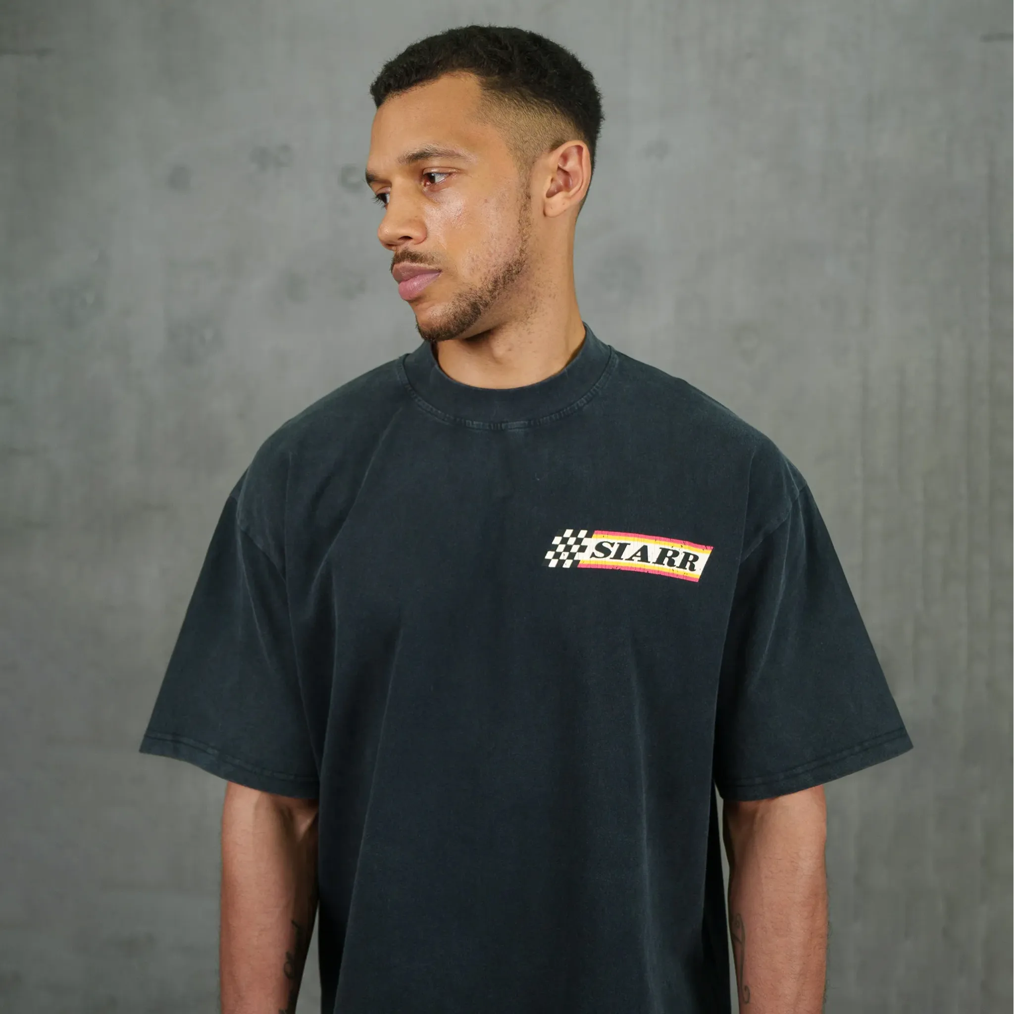 Detailed Front View of SIARR Take The Risk Vintage Black T-Shirt