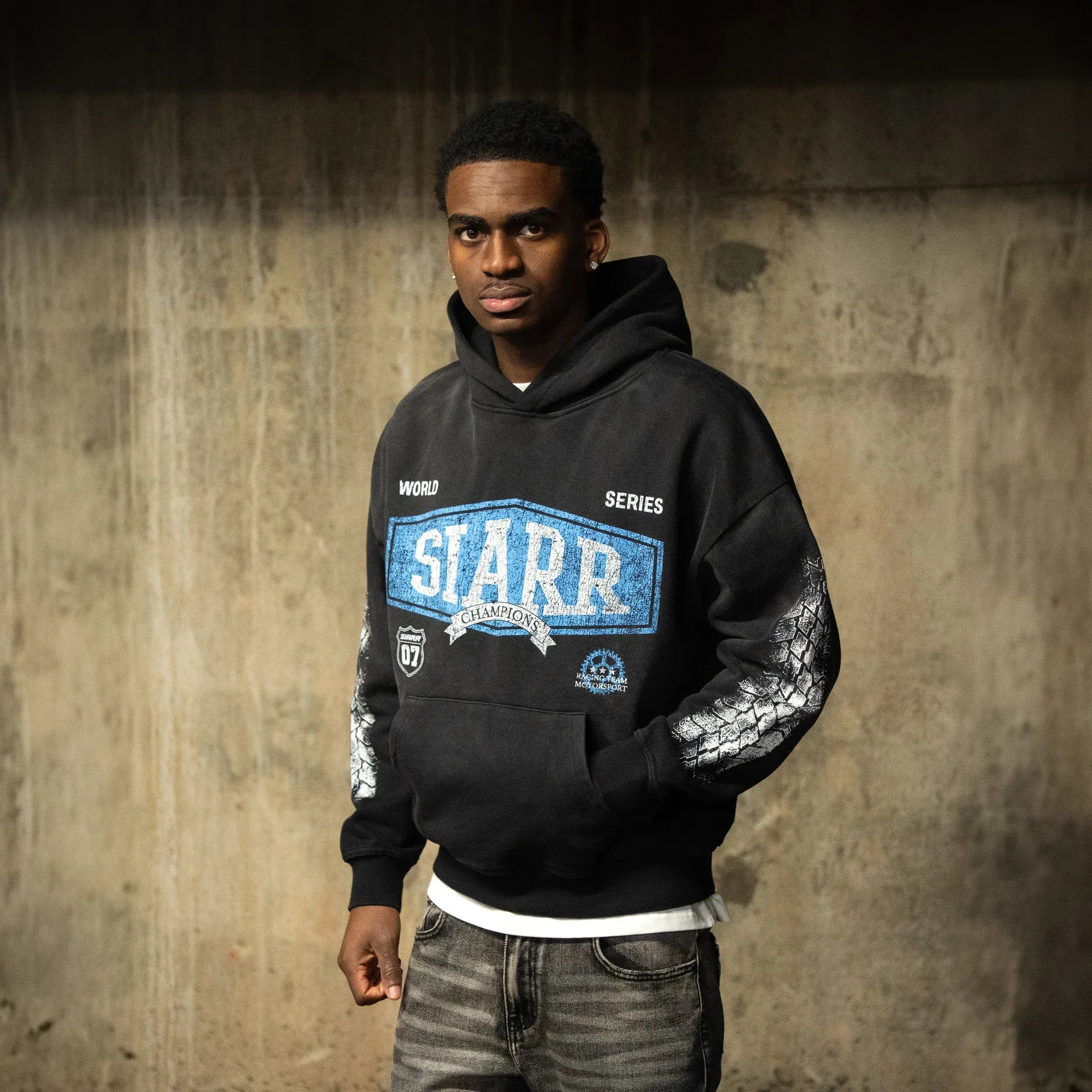 Front View of SIARR World Series Washed Black Hoodie