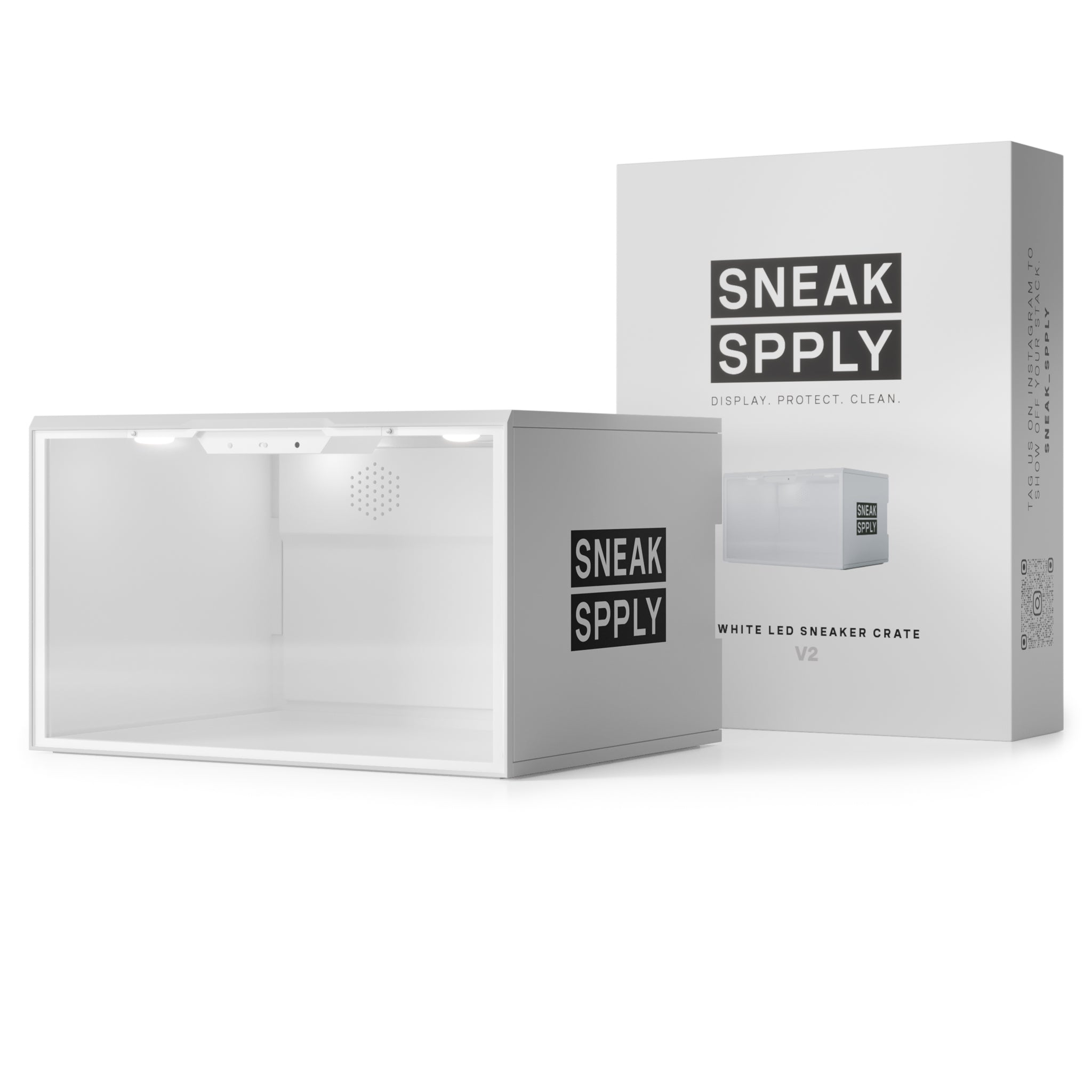 Empty front view of Sneak Spply Stack V2 Led Storage Crate White