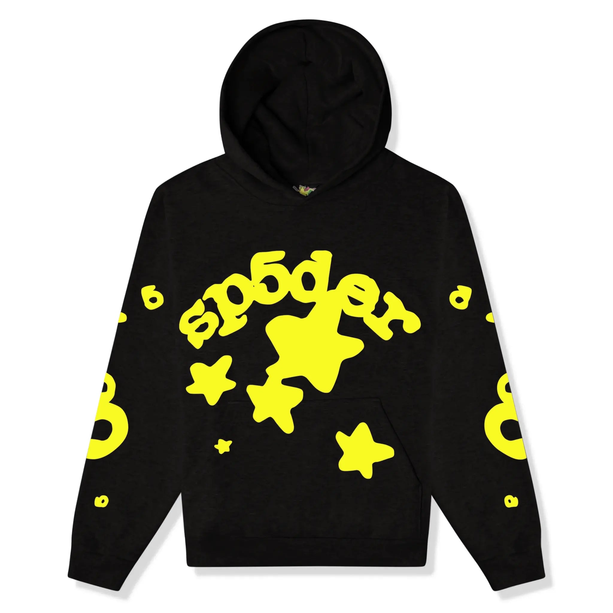 Front hoodie view of Sp5der Beluga Onyx Yellow Tracksuit