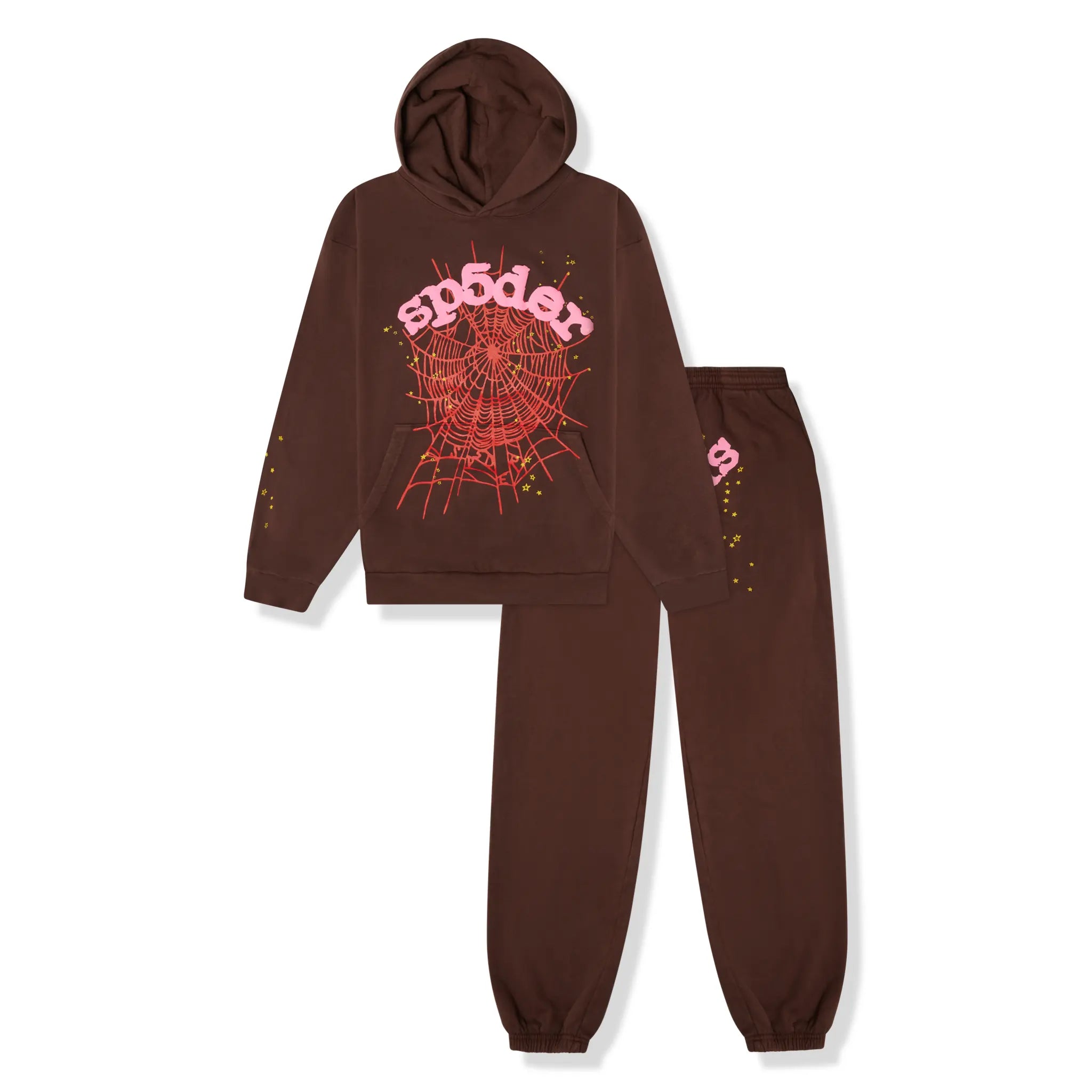 Front view of Sp5der Classic Web Brown Tracksuit