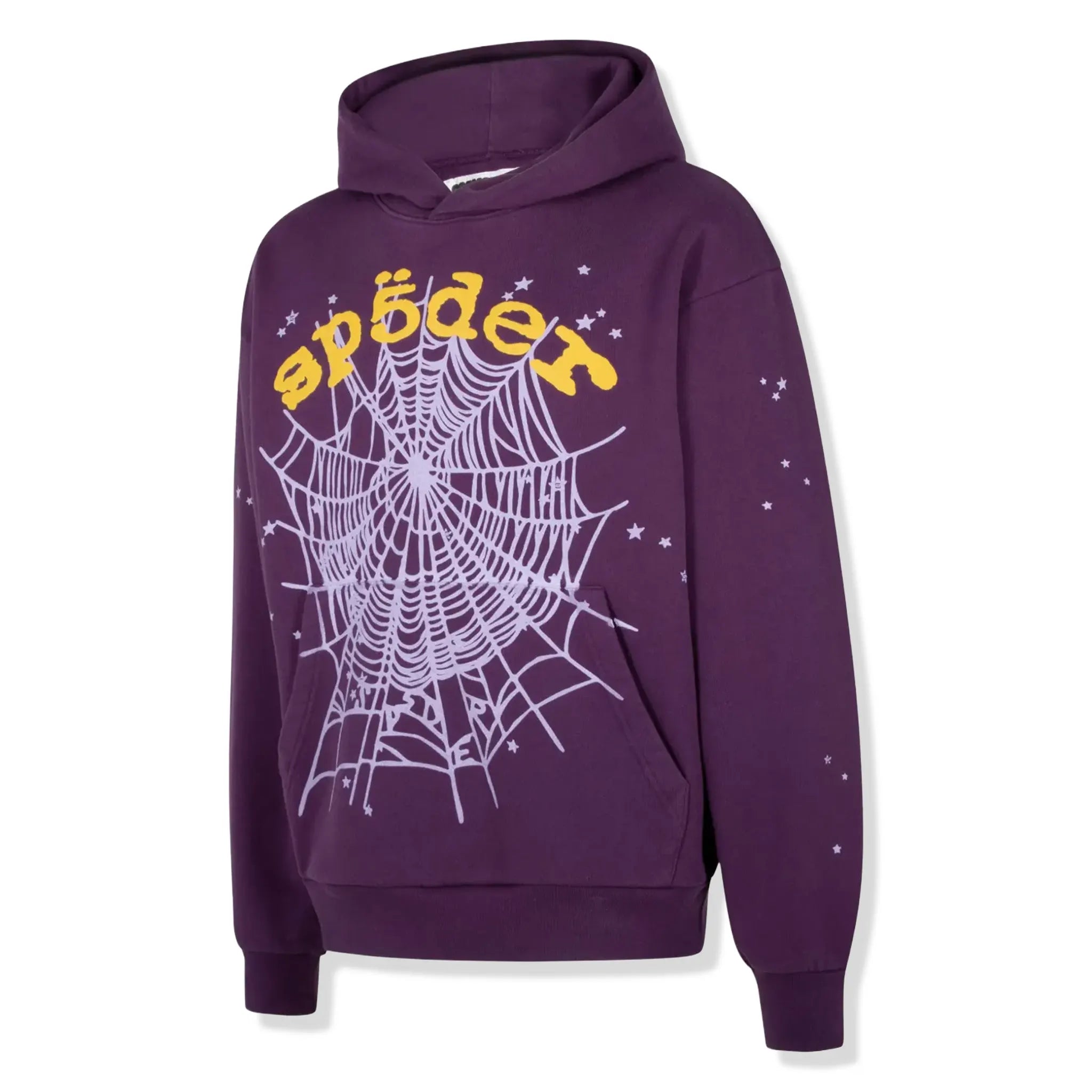 Front Side View of Sp5der Star OG Web V2 Purple Hoodie SS36FW24PUR