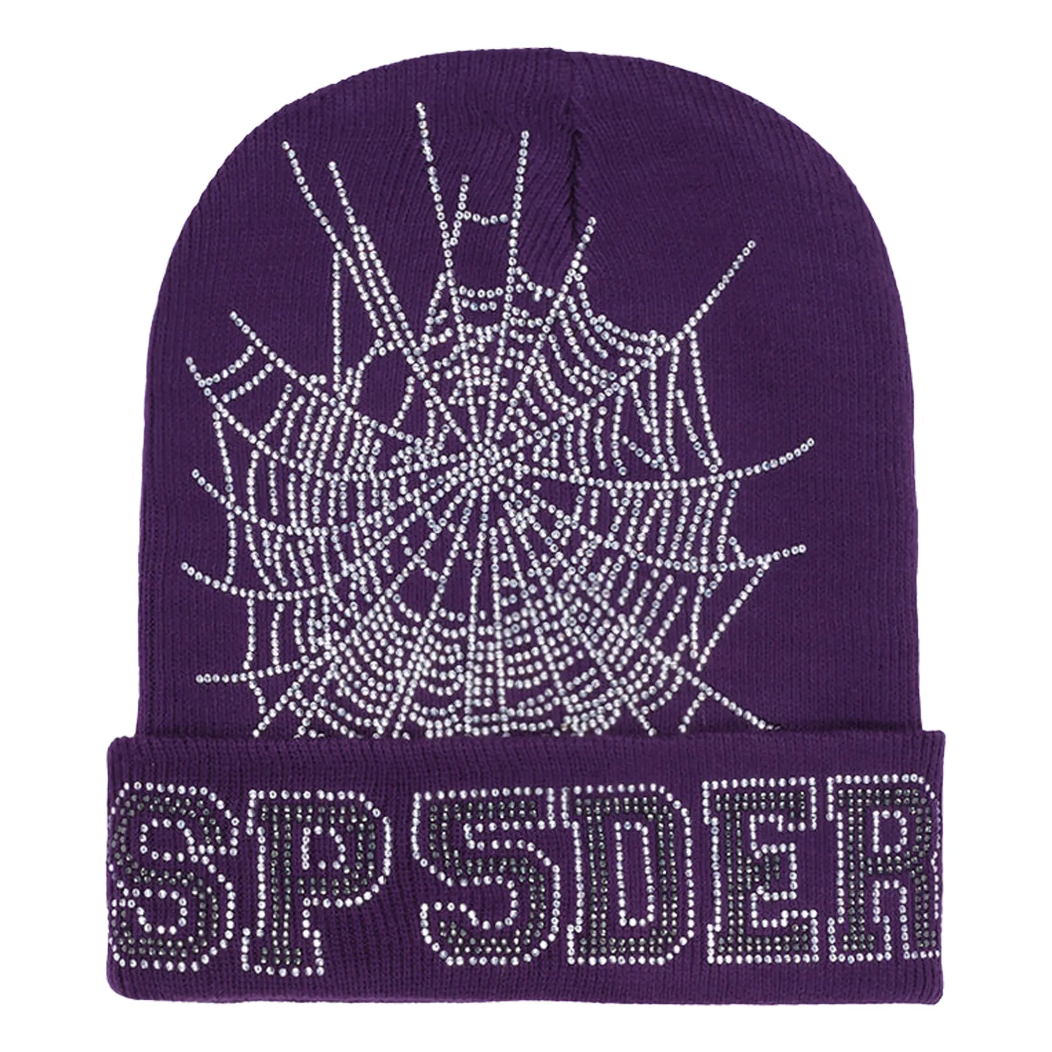 Front View of Sp5der Web Rhinestone Purple Beanie SP5 8D WEB-GRP
