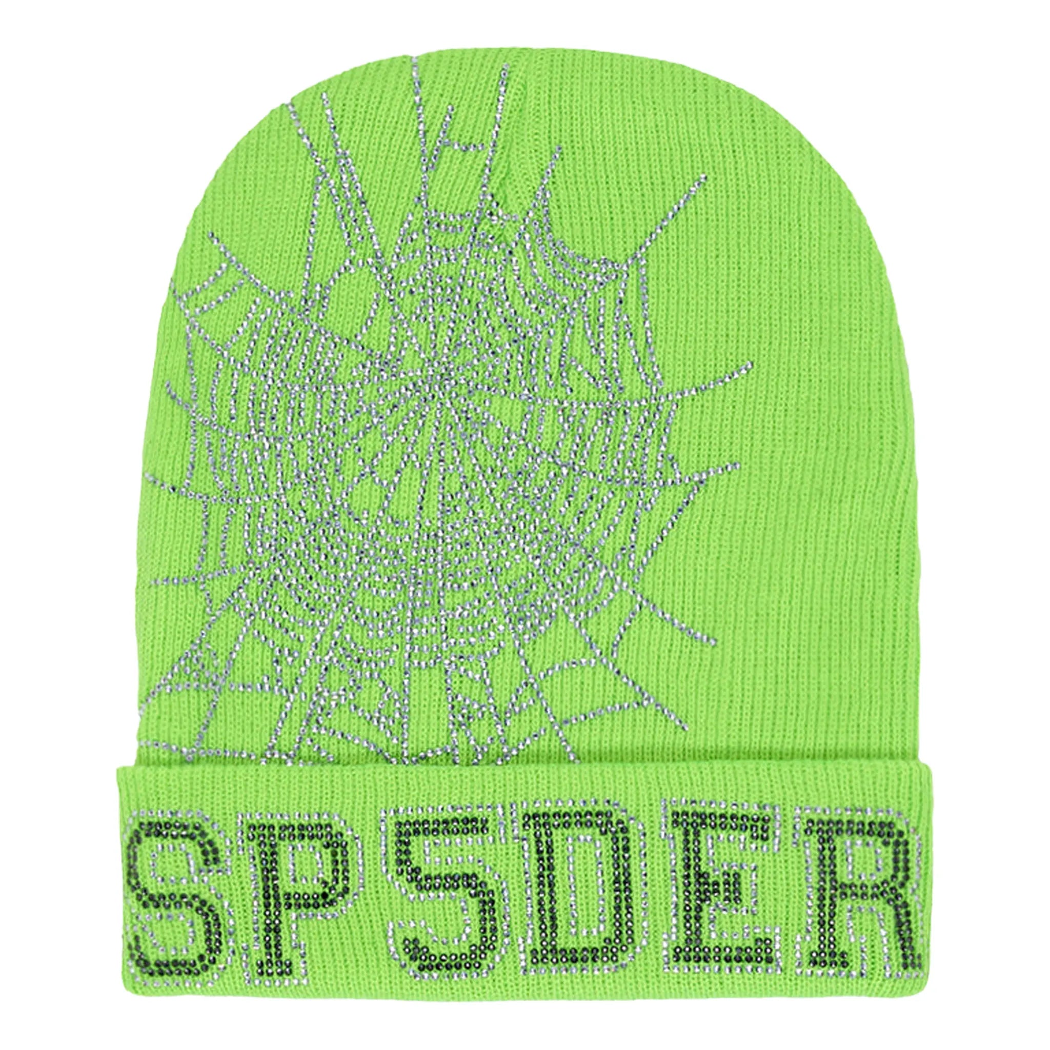 Front View of Sp5der Web Slime Green Beanie 2406 1SS230702WB-SLIM