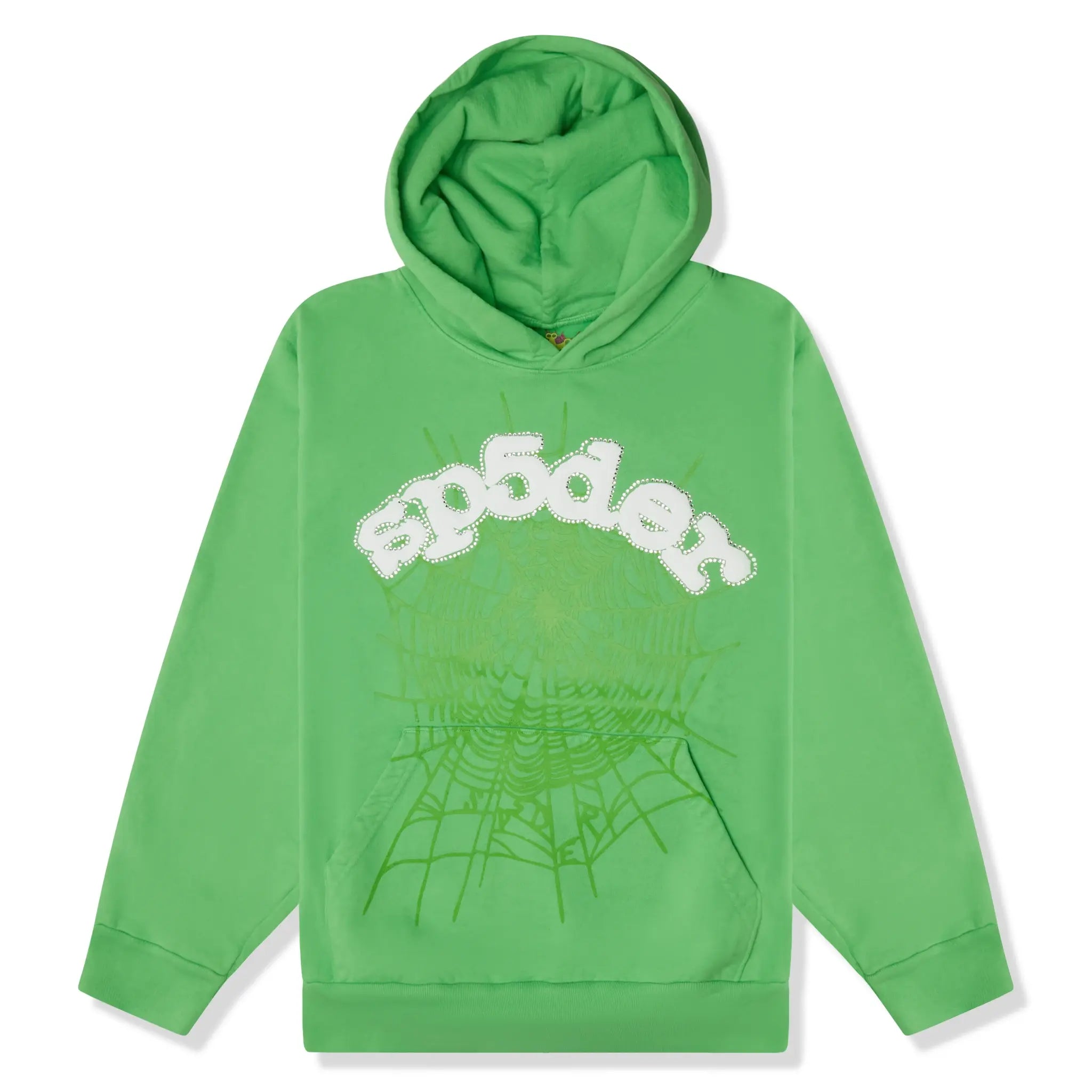 Front view of Sp5der Web Slime Green Hoodie 