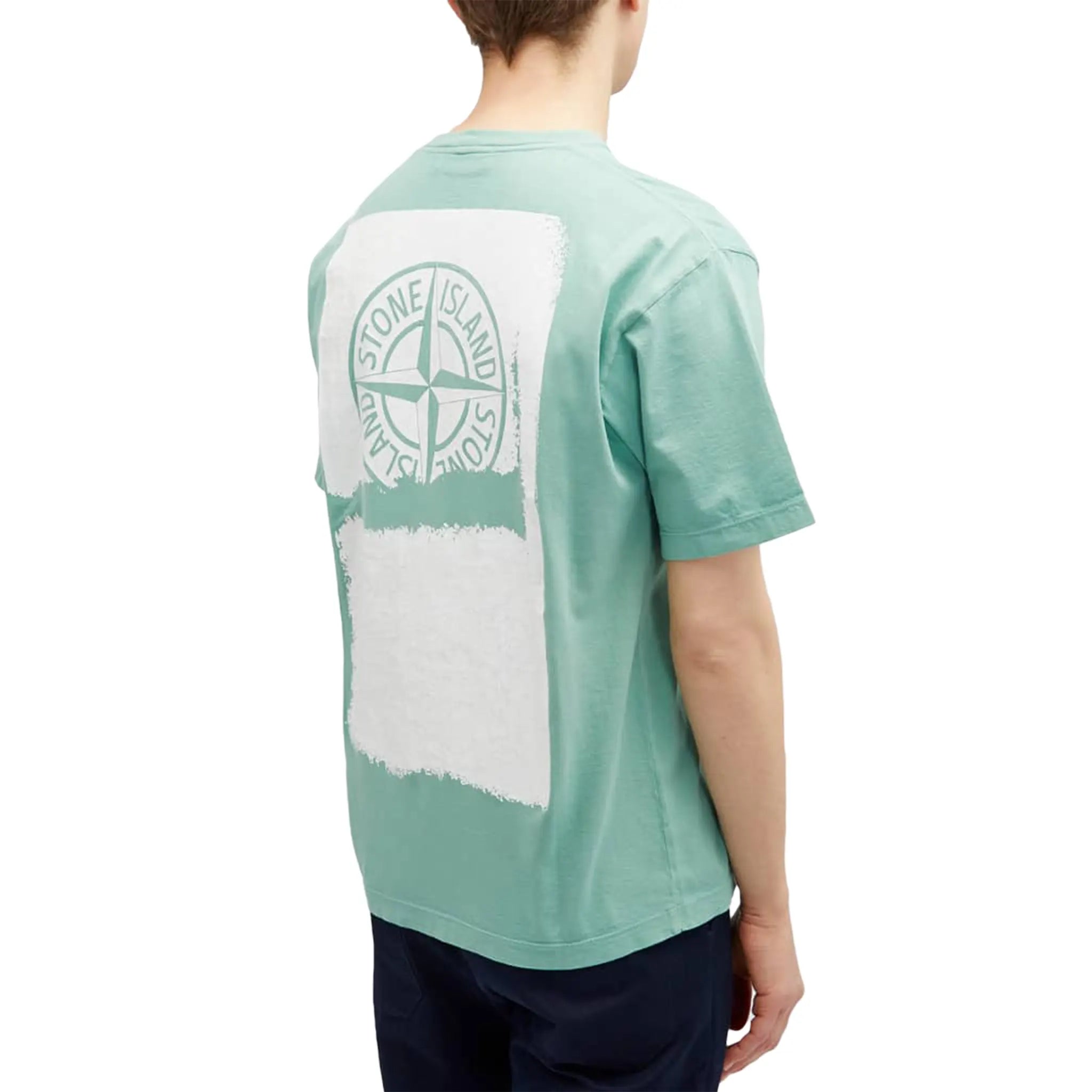 Model Side view of Stone Island Paint 1 Short Sleeved Green T Shirt 80152RC89-V0052