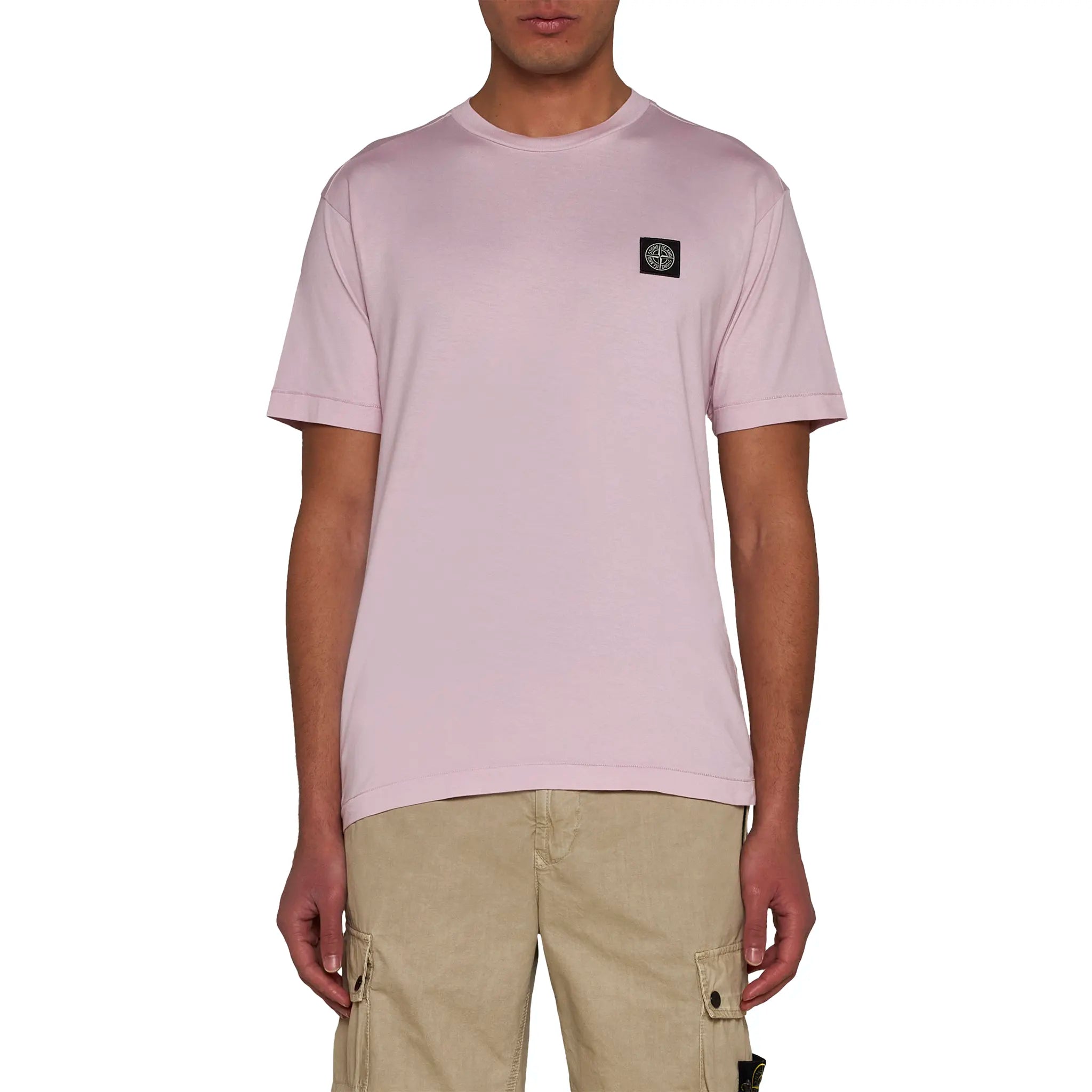 Model Front view of Stone Island Patch Logo Pink T Shirt 801524113