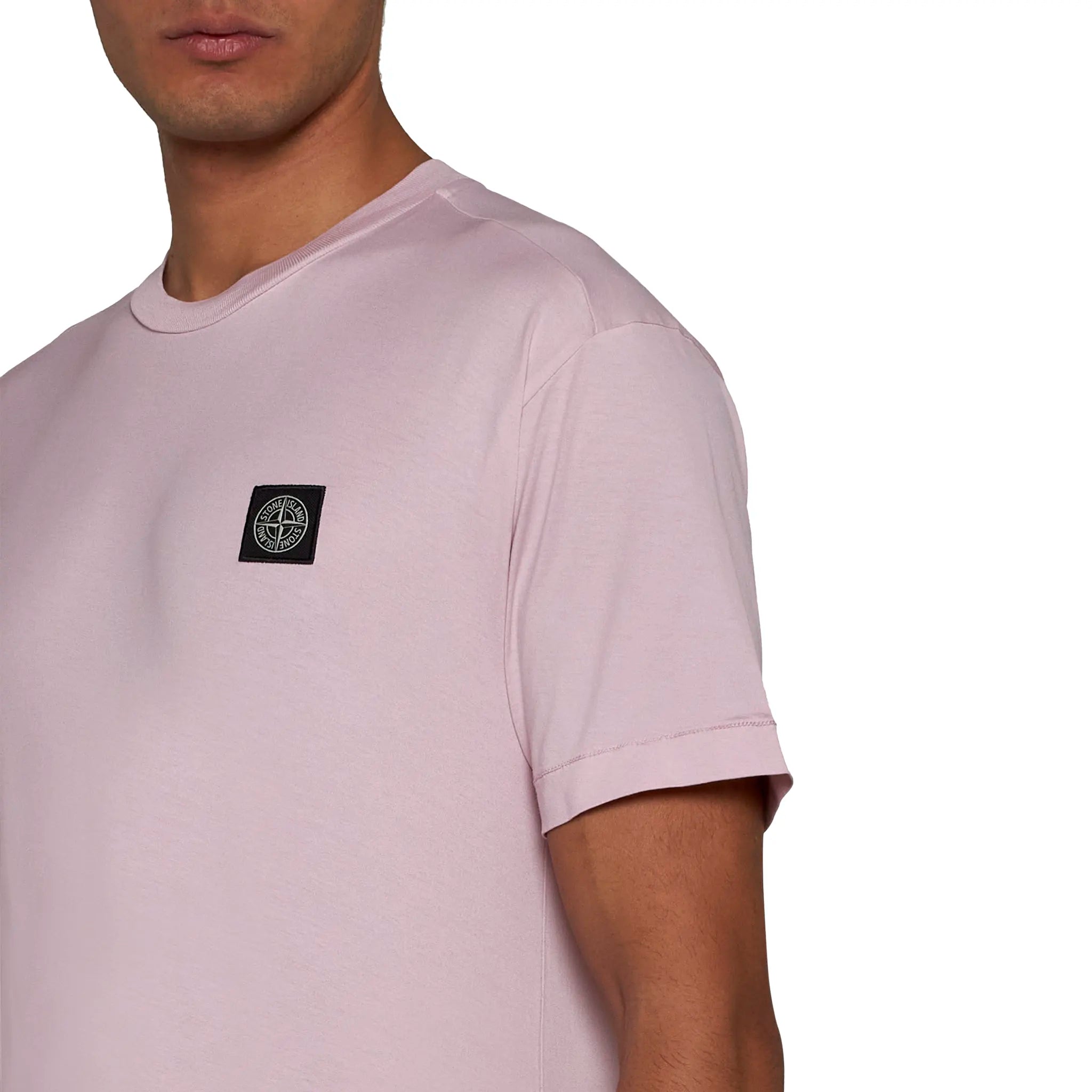 Model Side view of Stone Island Patch Logo Pink T Shirt 801524113