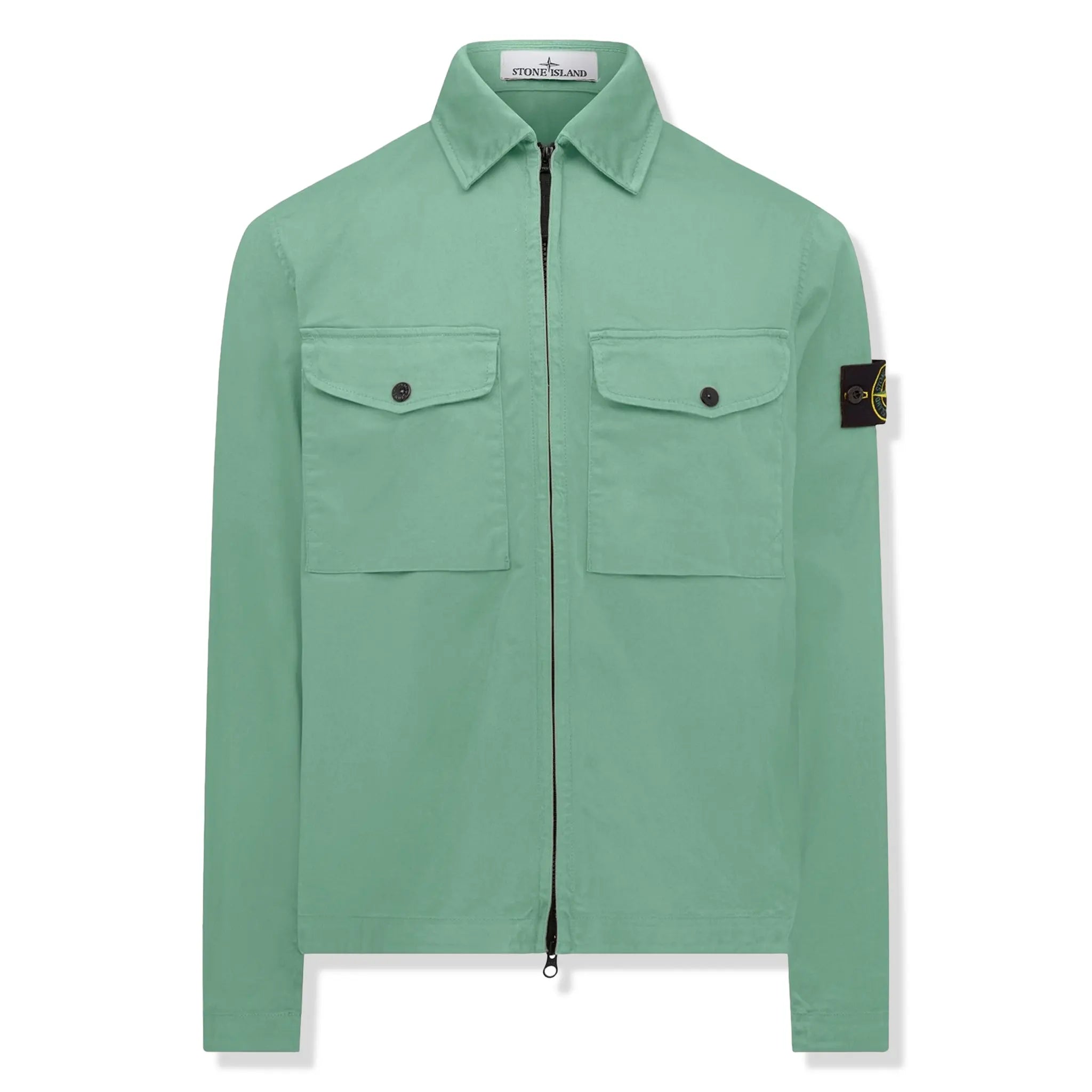 Front view of Stone Island Stretch Cotton Satin Light Green Overshirt