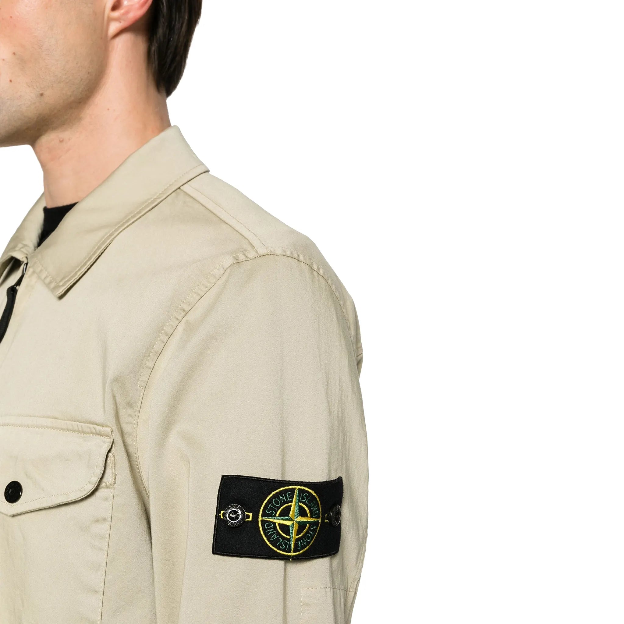 Model Detail view of Stone Island Stretch Cotton Satin Sand Overshirt 801510812