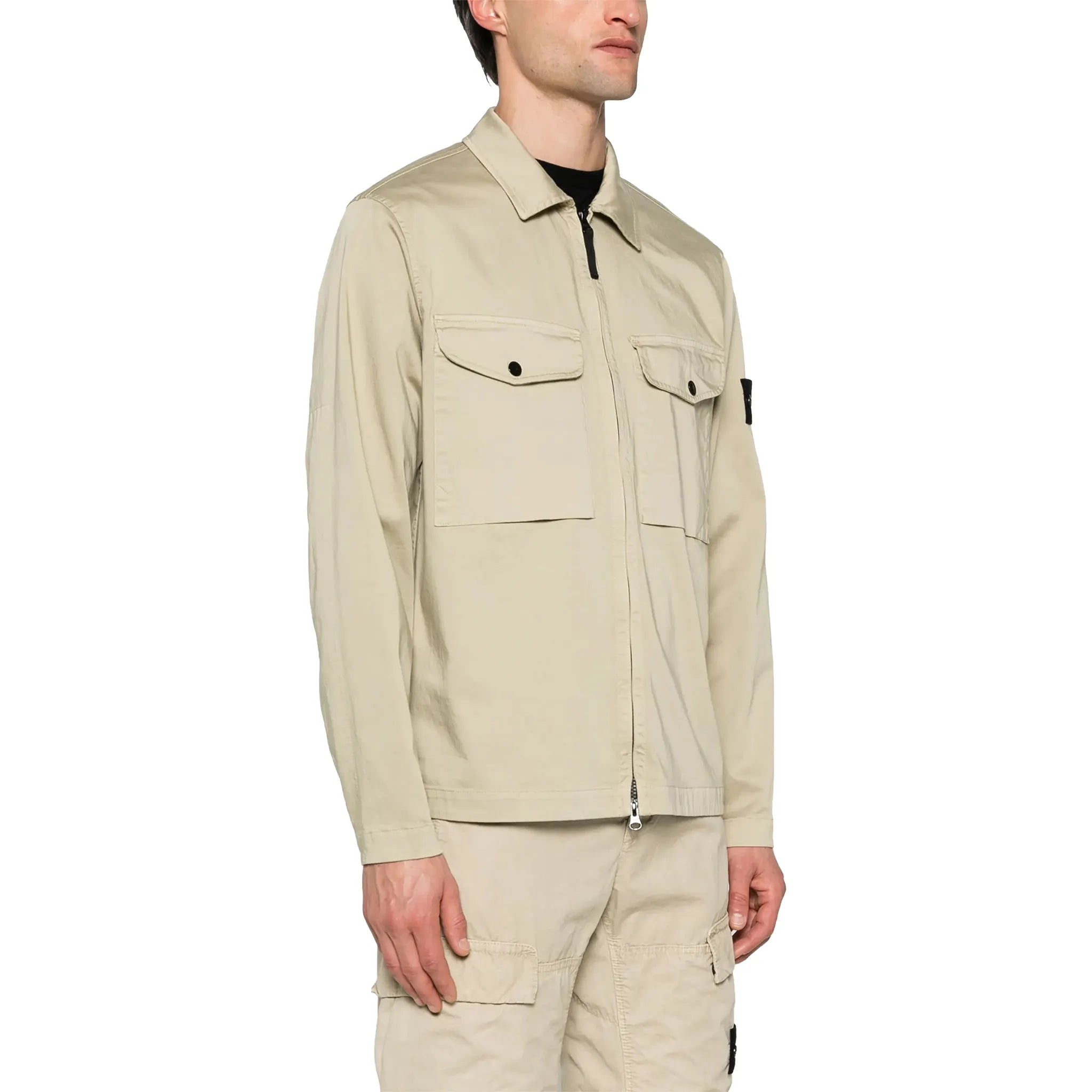 Model Side view of Stone Island Stretch Cotton Satin Sand Overshirt 801510812