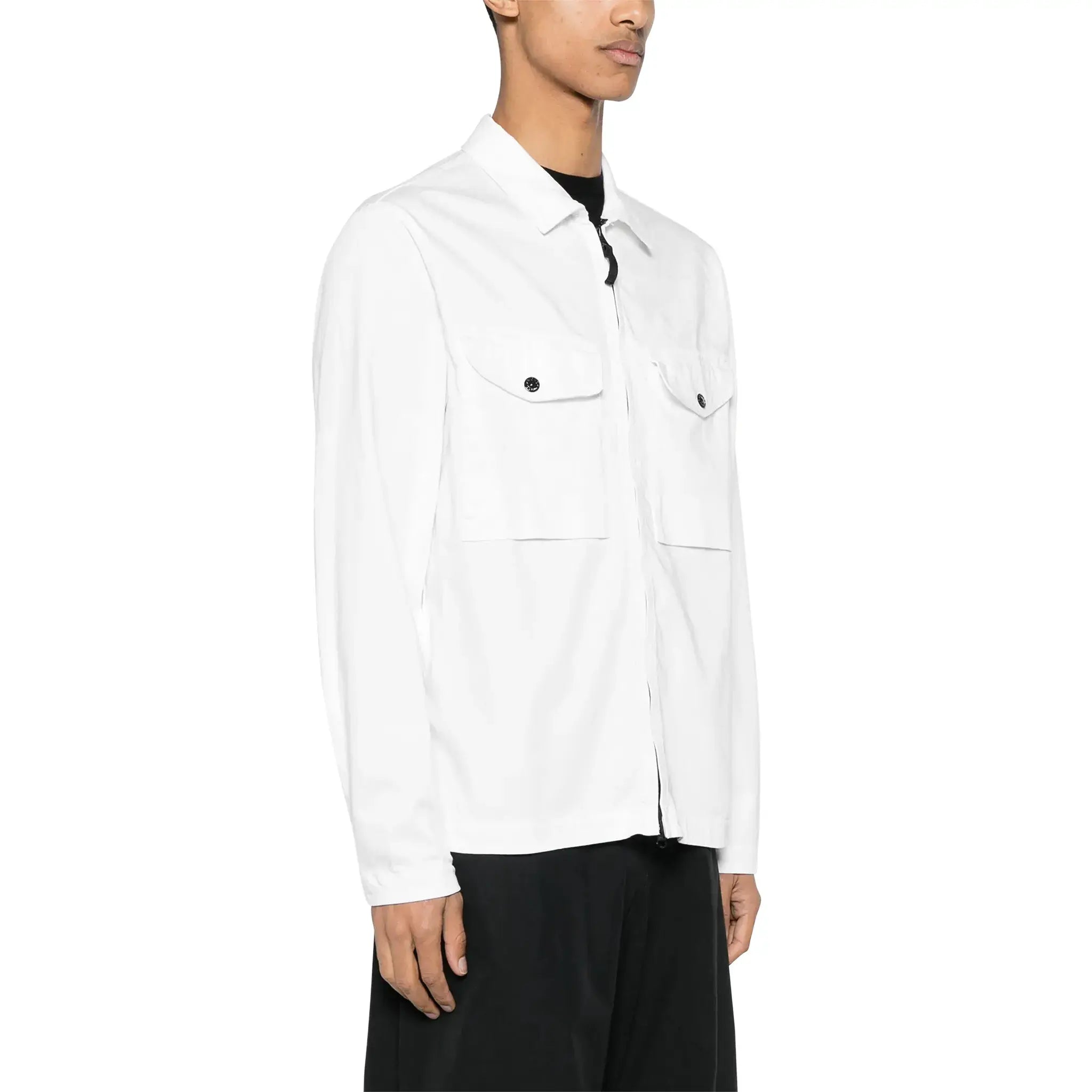 Model front side view of Stone Island Stretch Cotton Satin White Overshirt 801510812