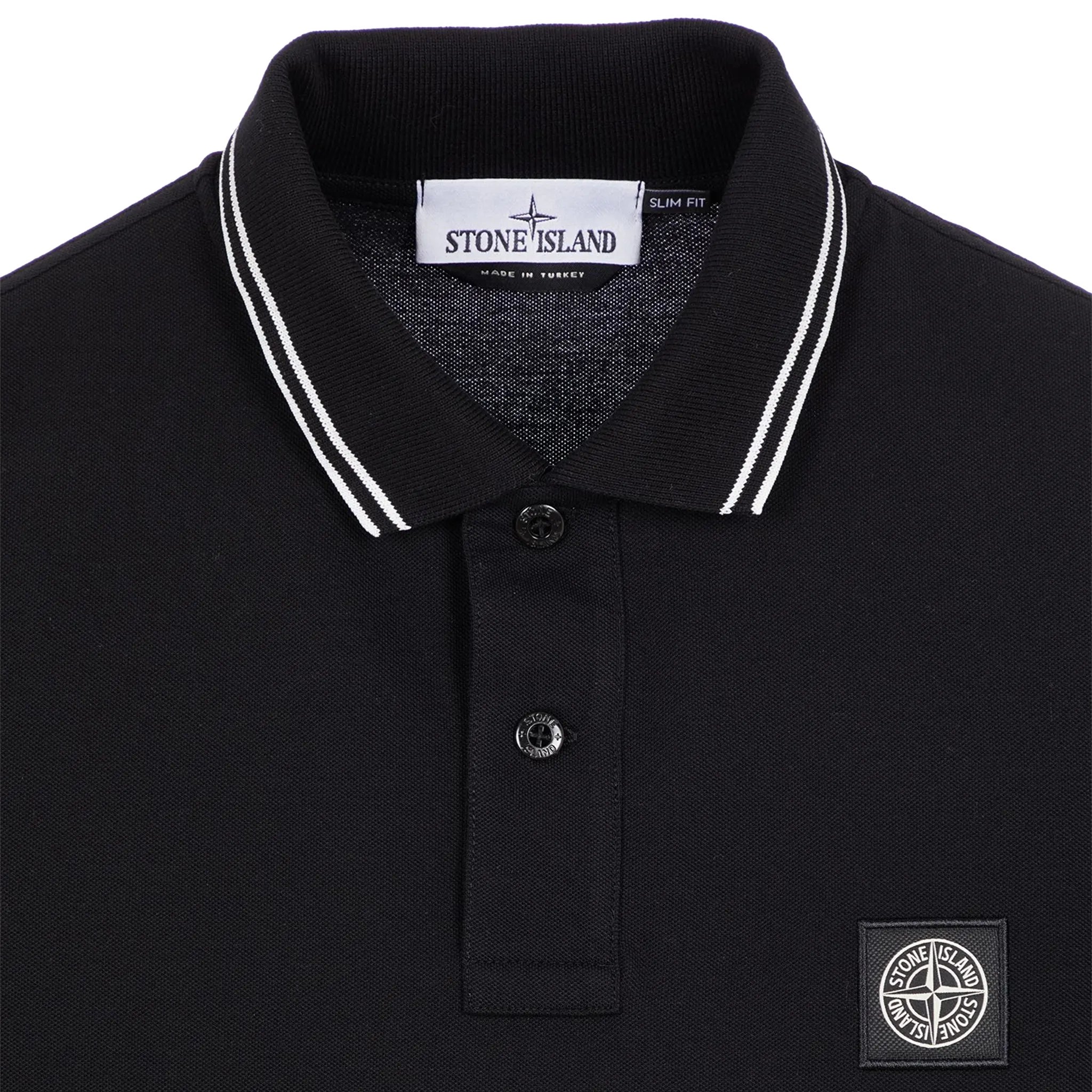 Front Detail view of Stone Island Tipped Badge Logo Black Polo Shirt 10152sc18-a0029