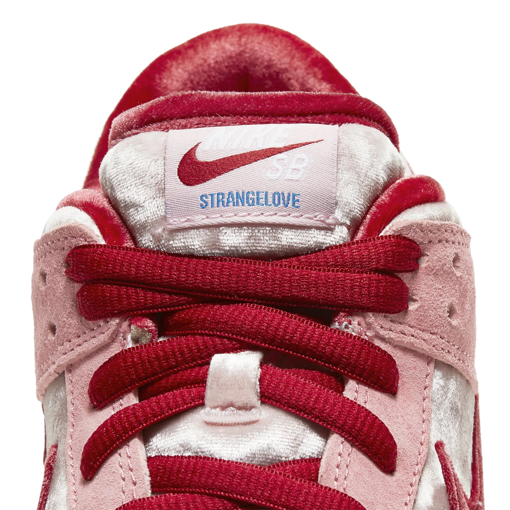 Tongue view of StrangeLove X Nike SB Dunk Low Valentine's Day CT2552-800