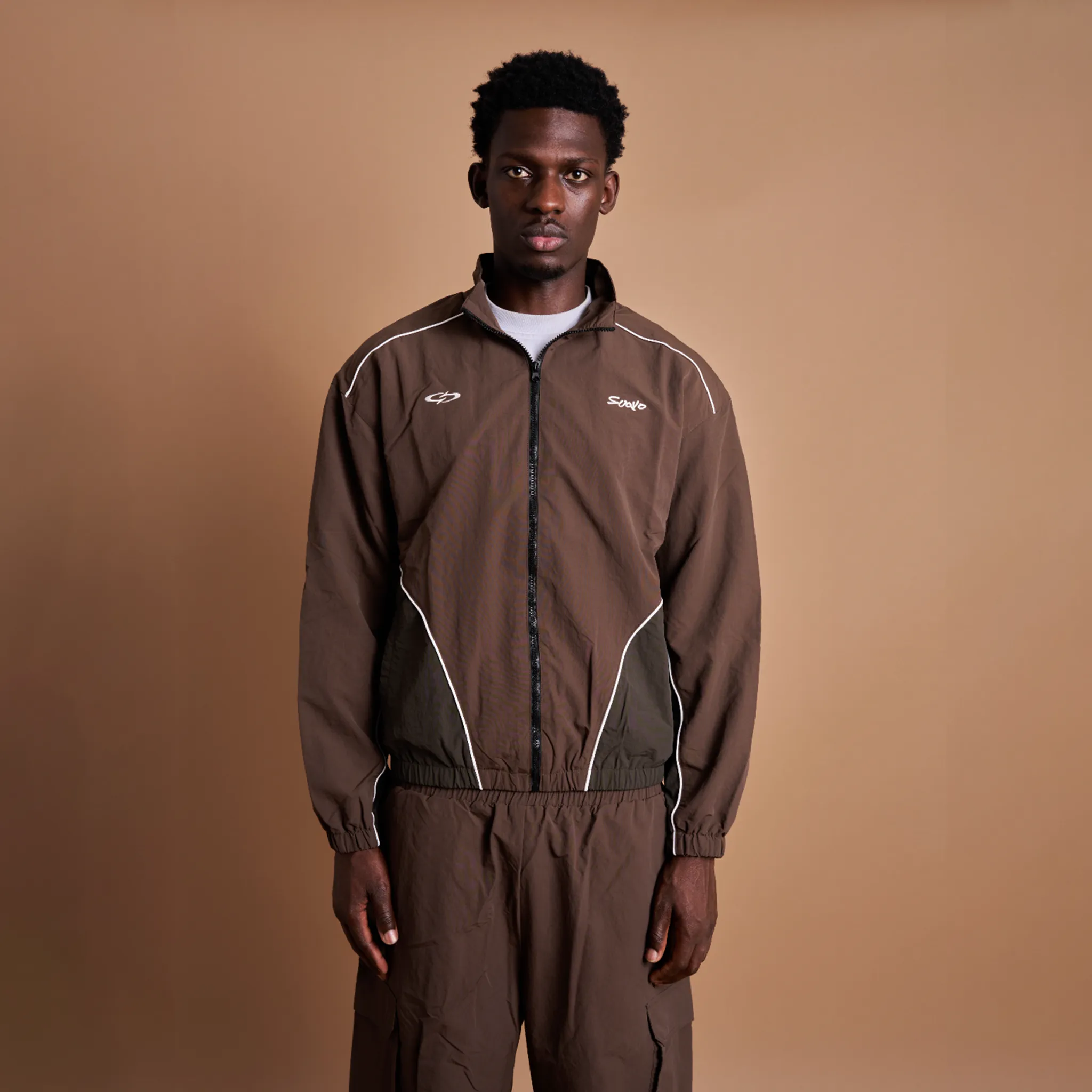 Front View of Suavo London Mocha Shuku Brown Track Jacket