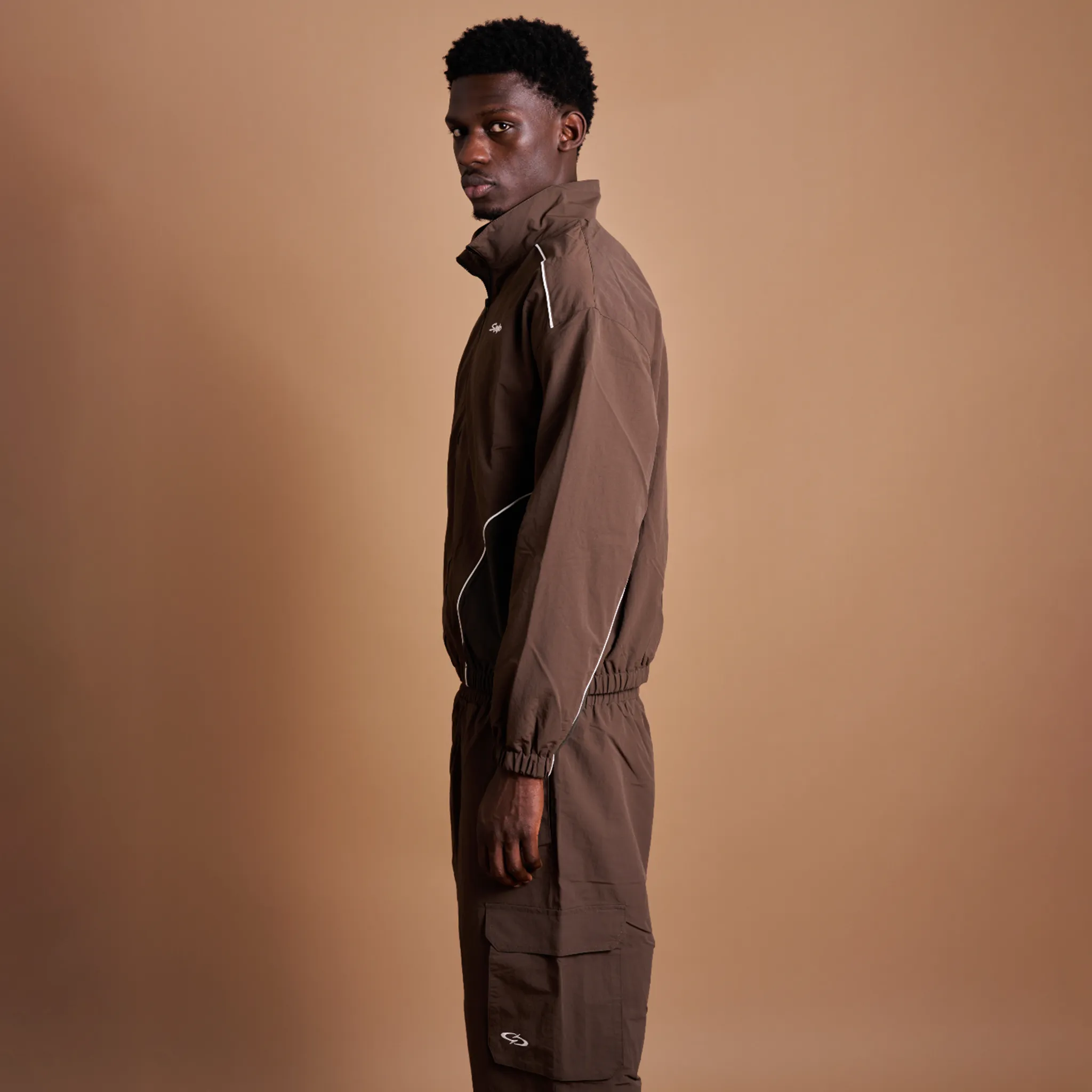 Side View of Suavo London Mocha Shuku Brown Track Jacket