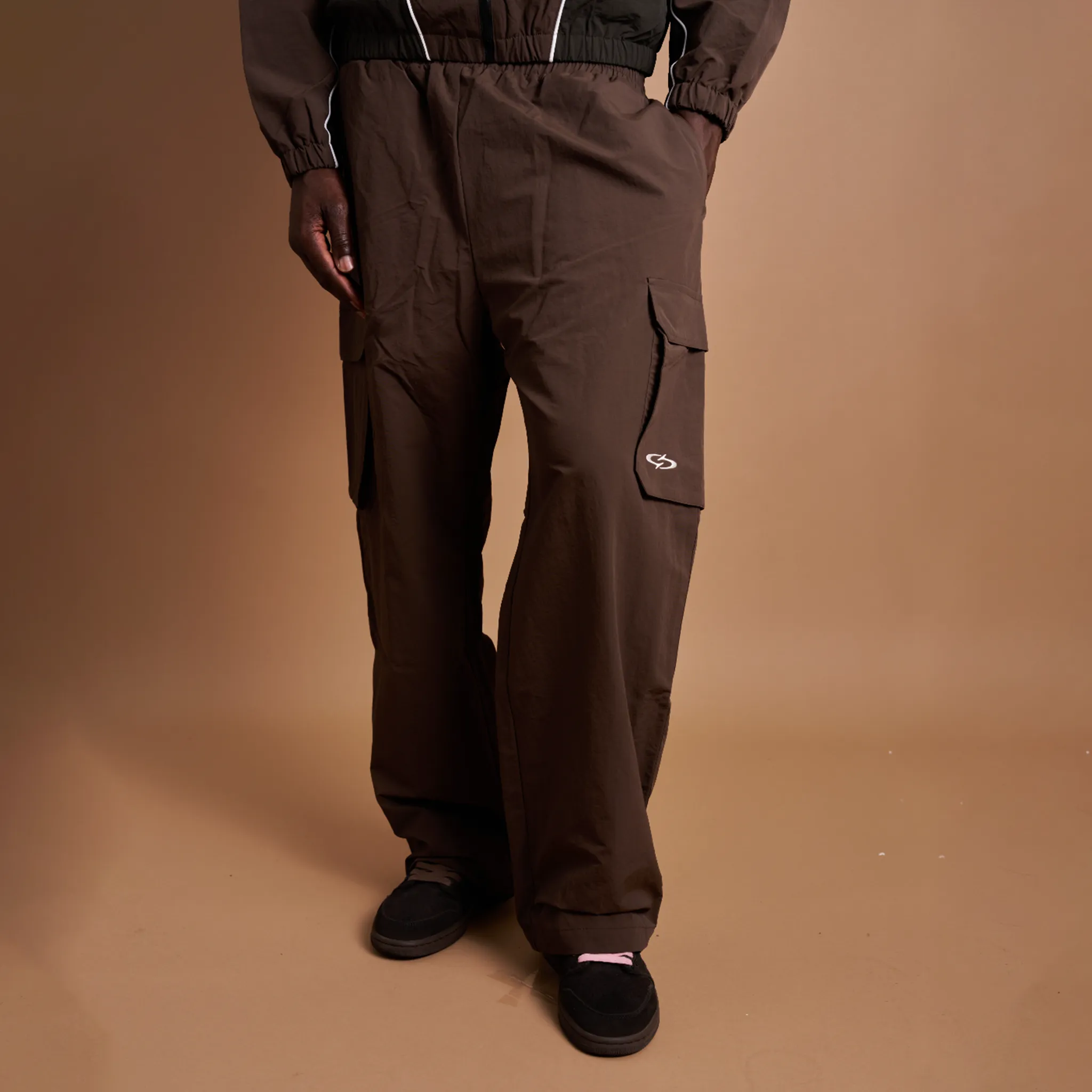 Detailed Front View of Suavo London Mocha Shuku Cargo Brown Track Sweatpants