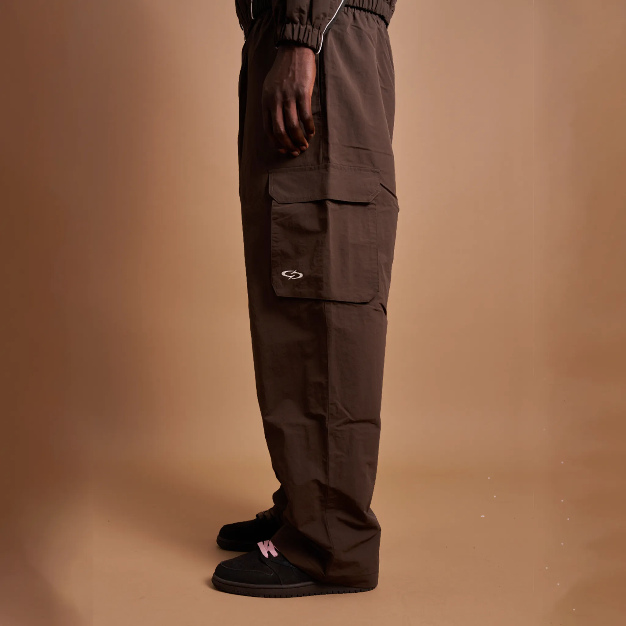 Detailed Side View of Suavo London Mocha Shuku Cargo Brown Track Sweatpants