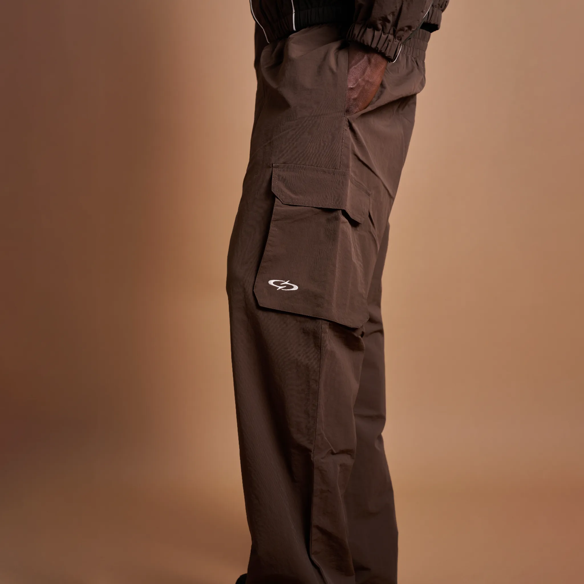 Detailed Side View of Suavo London Mocha Shuku Cargo Brown Track Sweatpants