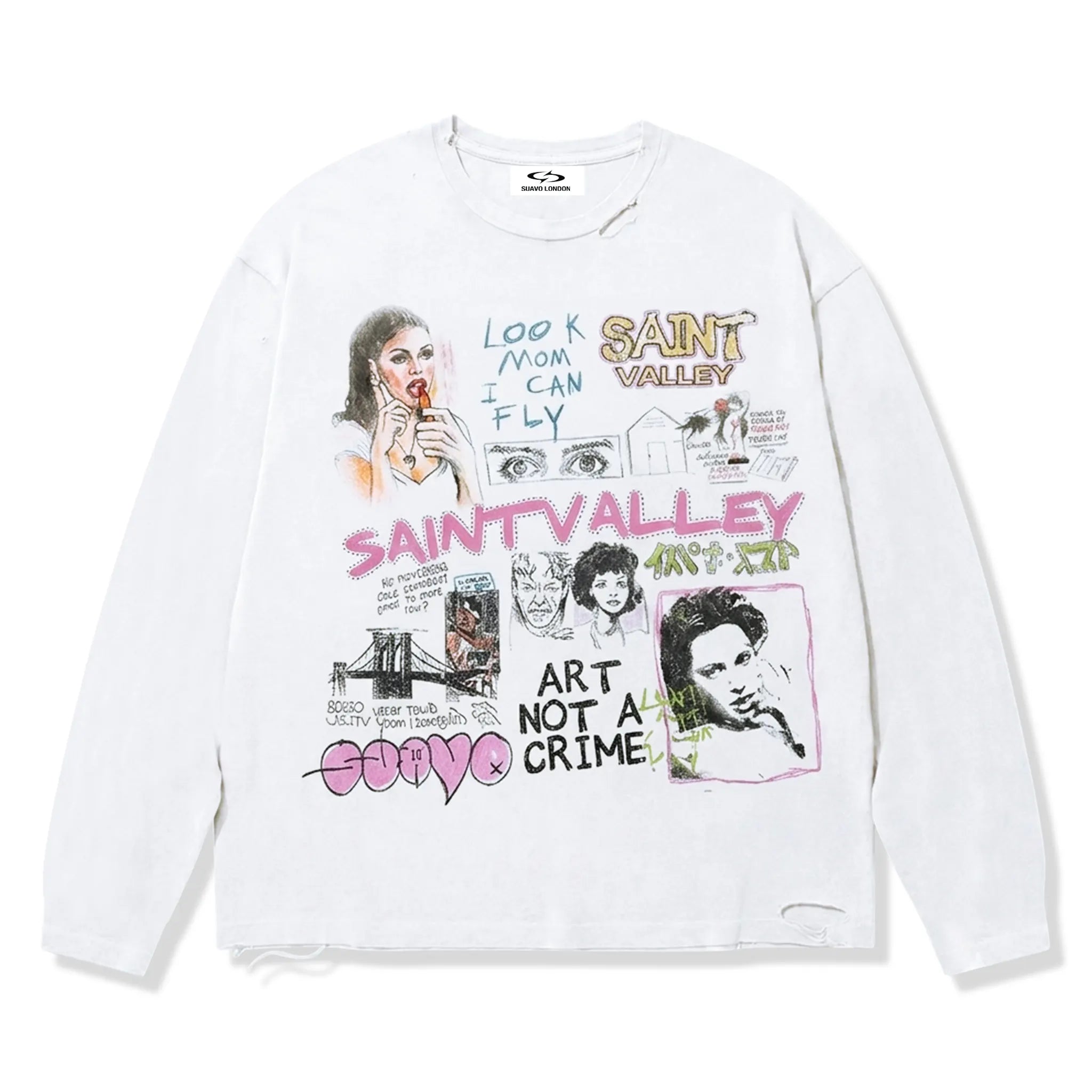 Front View of Suavo London Mom I Can Fly L/S White T-Shirt
