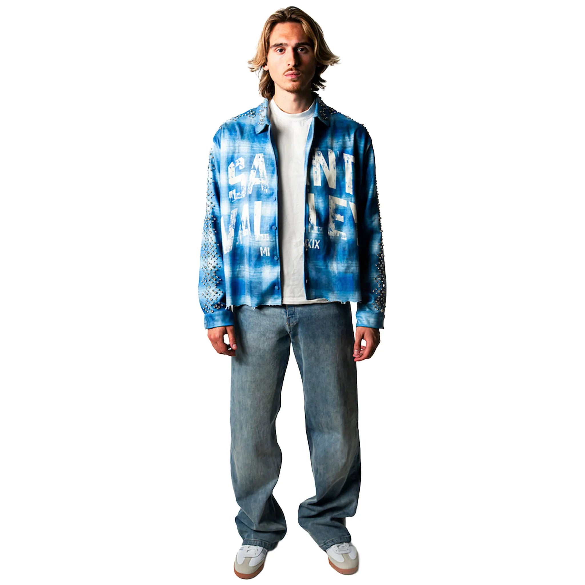Model View of Suavo London Saint Valley Blue Flannel Shirt