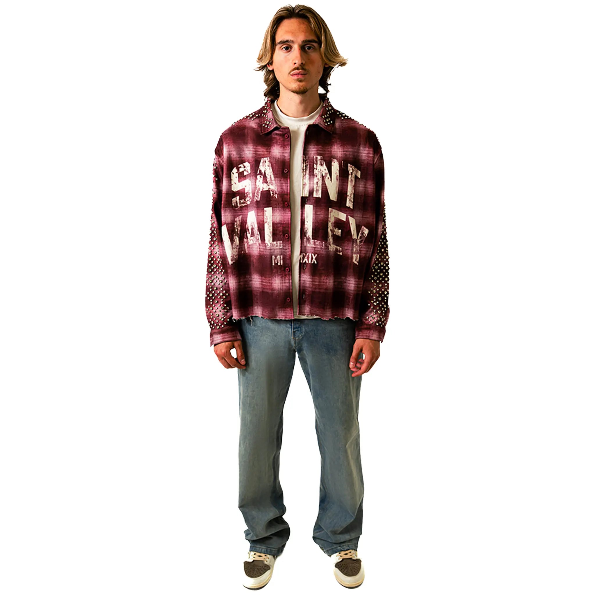Model View of Suavo London Saint Valley Maroon Flannel Shirt