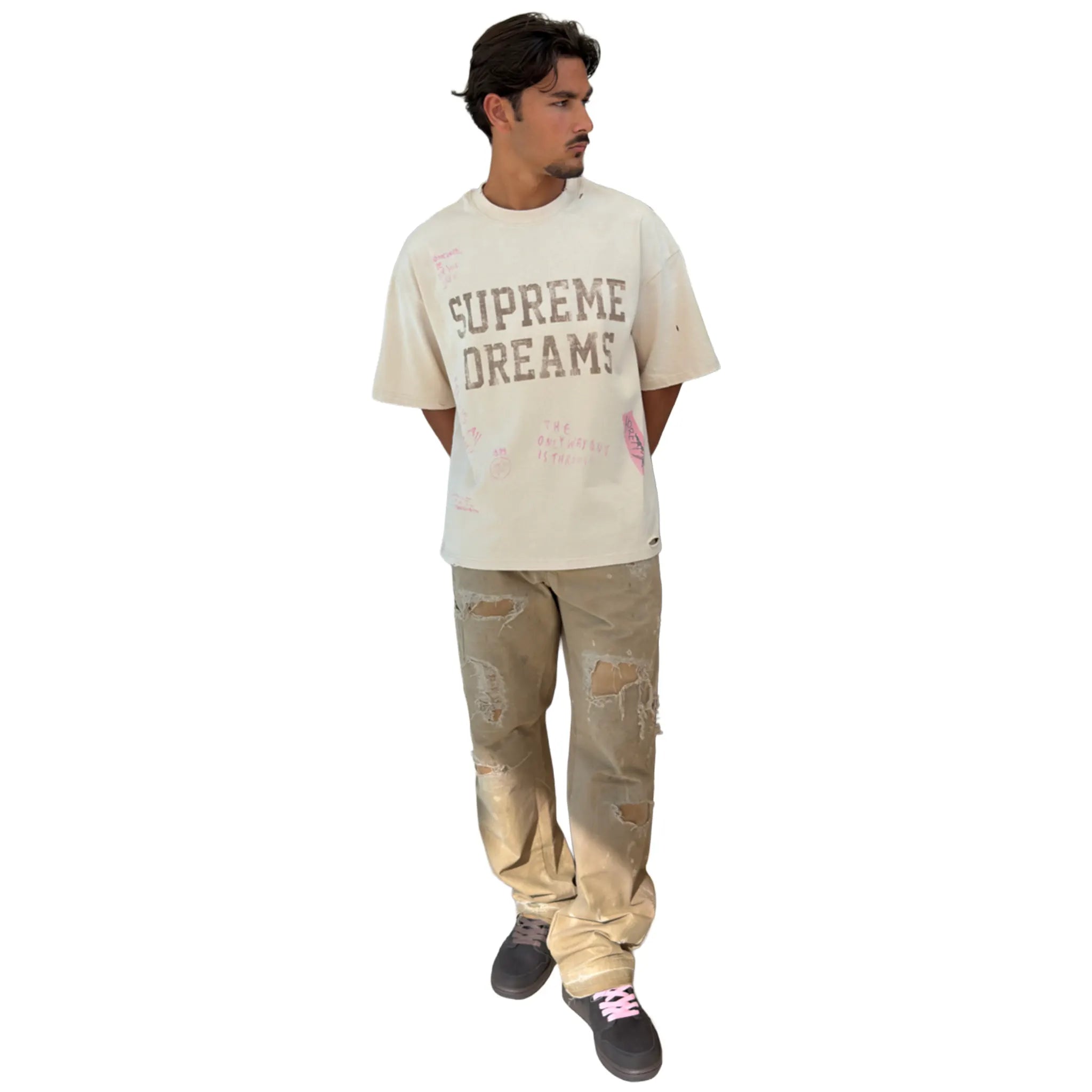 Model View of Suavo London Supreme Dreams Washed White T-Shirt