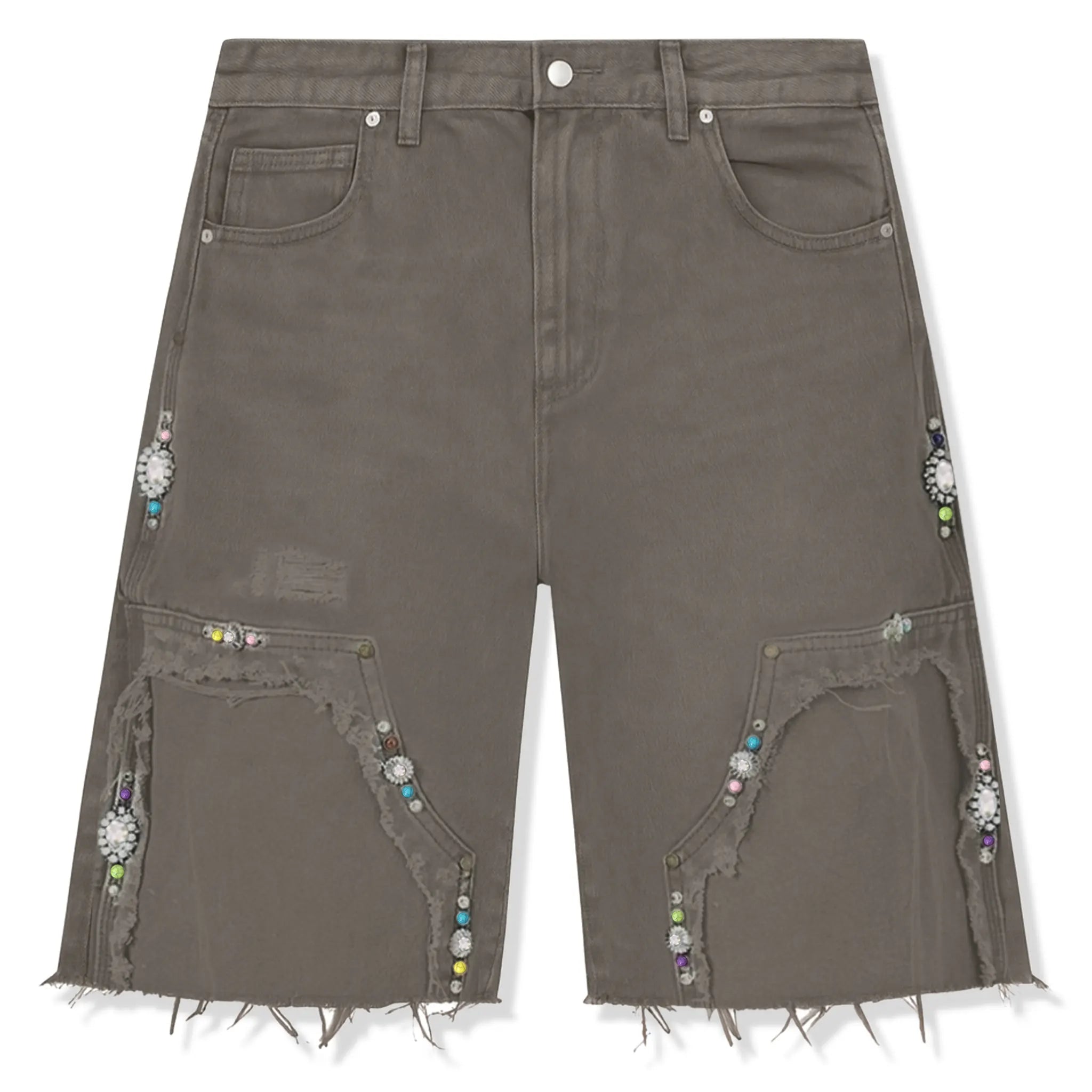 Front View of Suavo London Utility Sage Green Denim Shorts