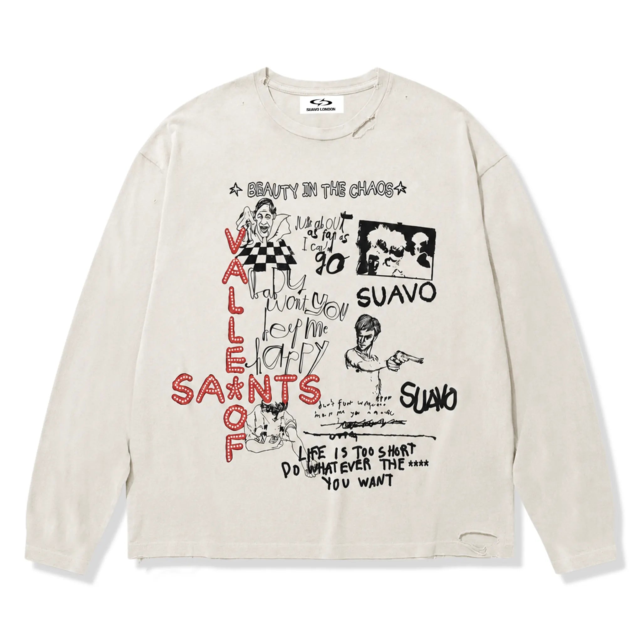 Front View of Suavo London Valley Of Saints L/S Cream T-Shirt