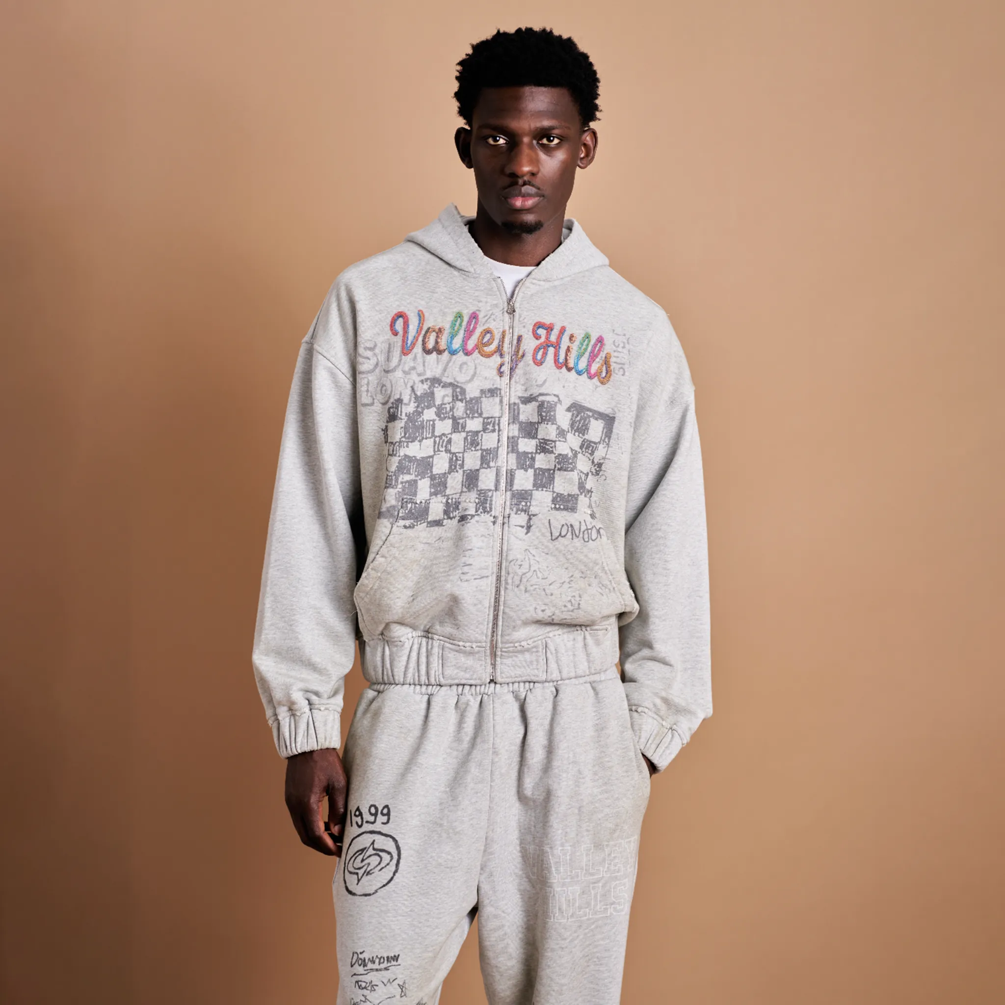 Front View of Suavo London Vally Hills Grey Zip-Up Hoodie