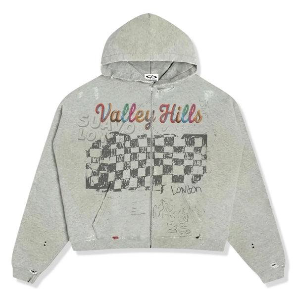 Front View of Suavo London Vally Hills Grey Zip-Up Hoodie
