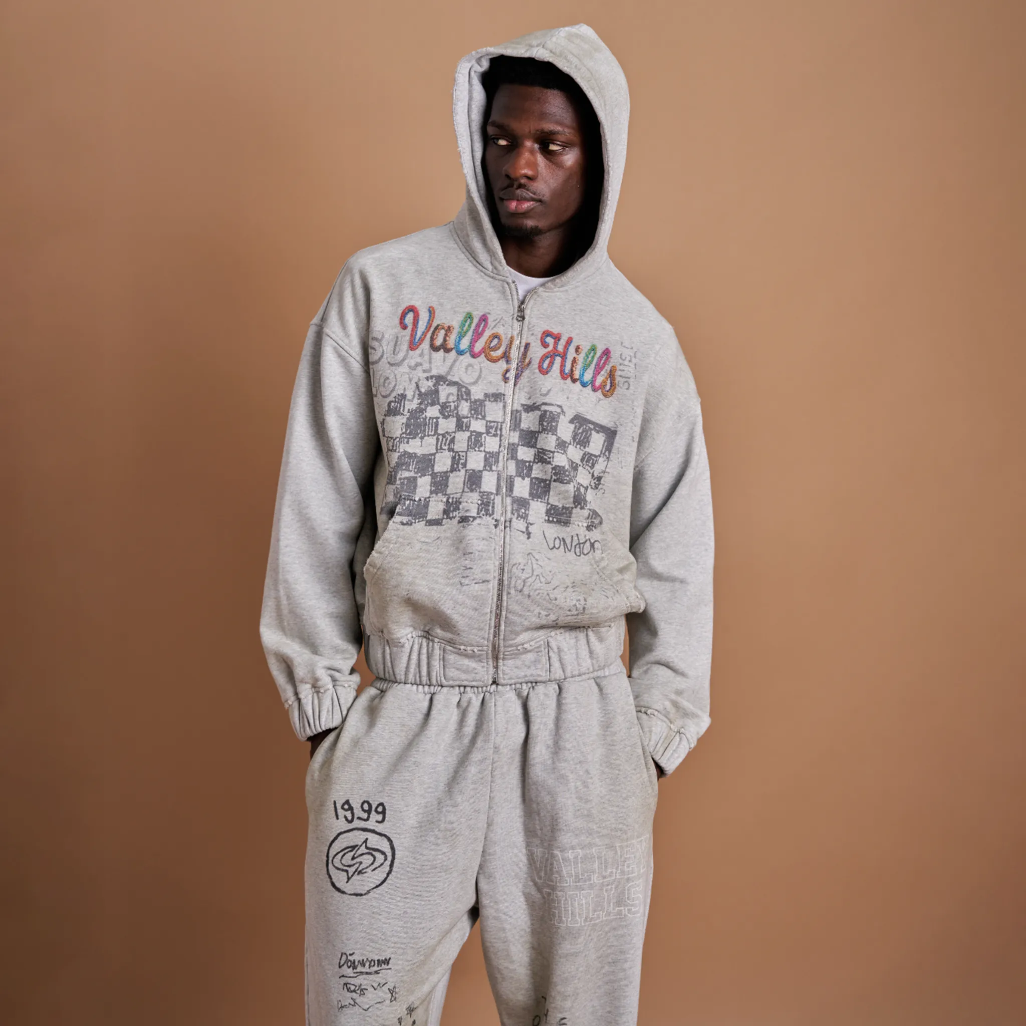 Model View of Suavo London Vally Hills Grey Zip-Up Hoodie