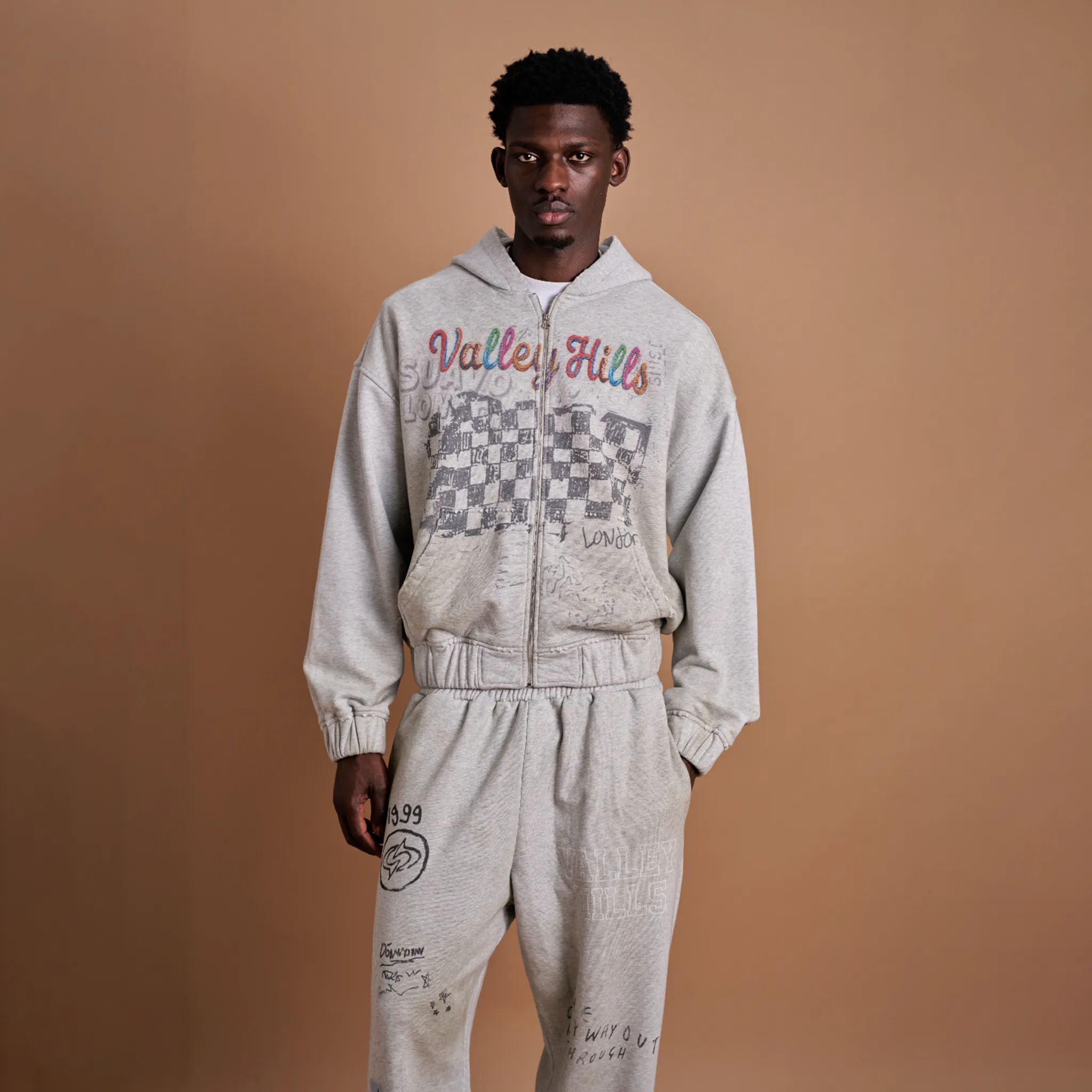 Front View of Suavo London Vally Hills Grey Zip-Up Hoodie